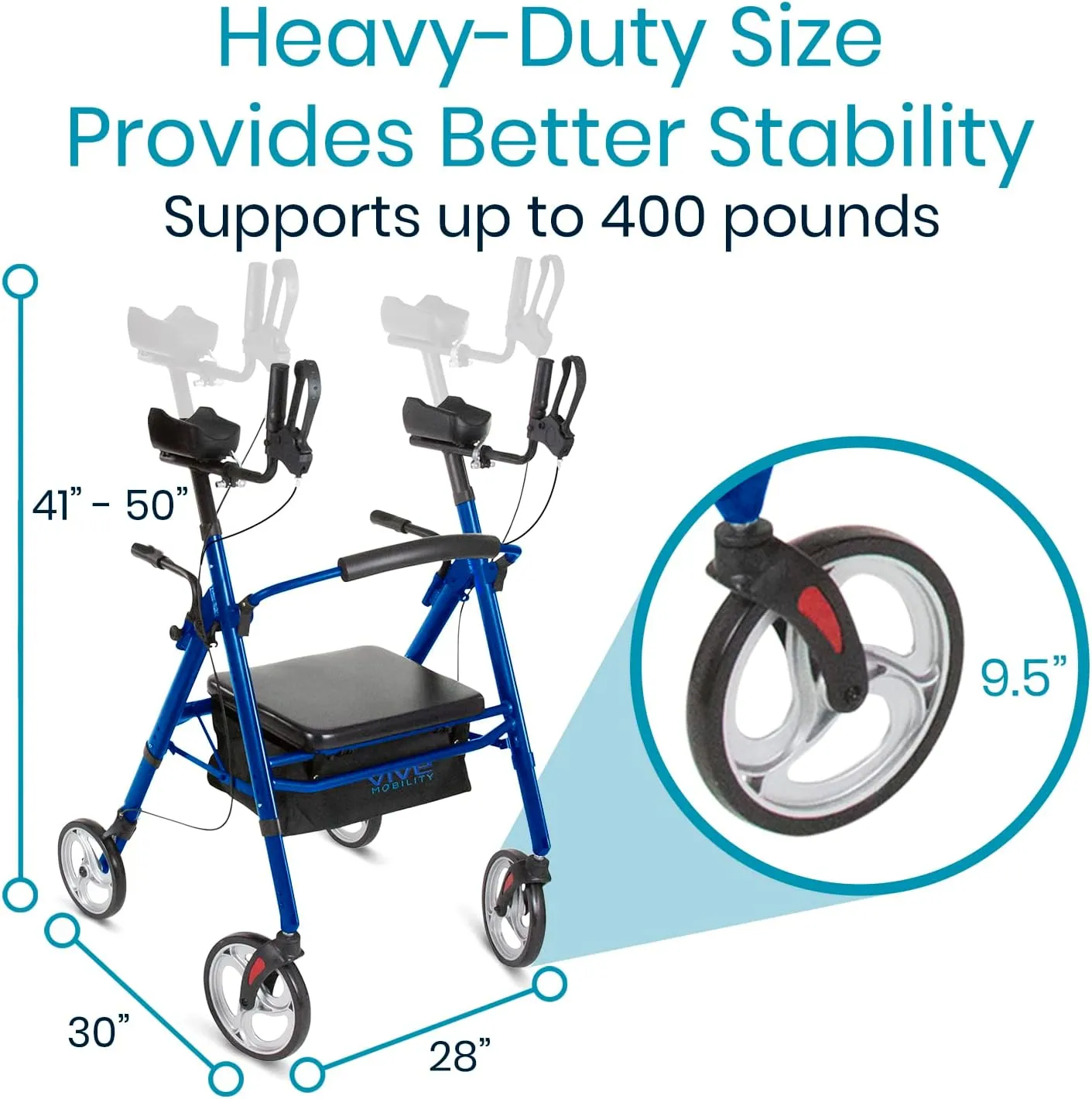 Vive Bariatric Upright Walker with Seat - Heavy Duty Senior Stand Up Rollator, Extra Wide Frame - Padded Armrest & Backrest -Mobility Aid Portable Rolling Walker with Bag - Fits Tall & Large People