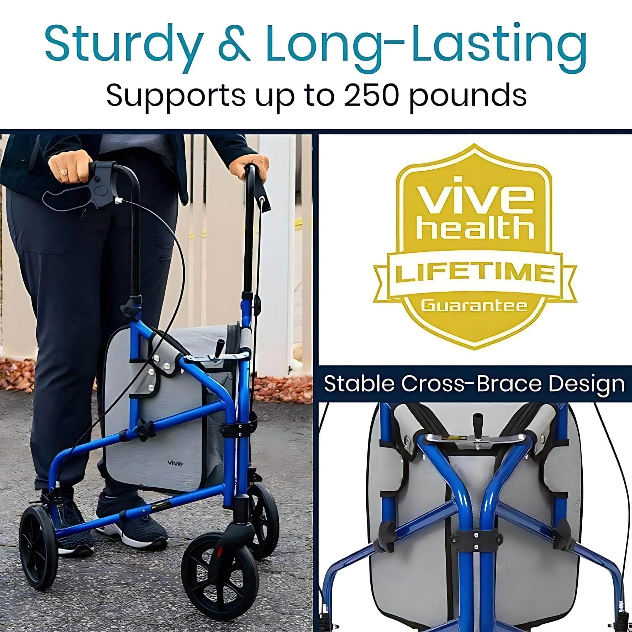 Vive Health 3 Wheel Walker Rollator- Lightweight Foldable Walking Transport