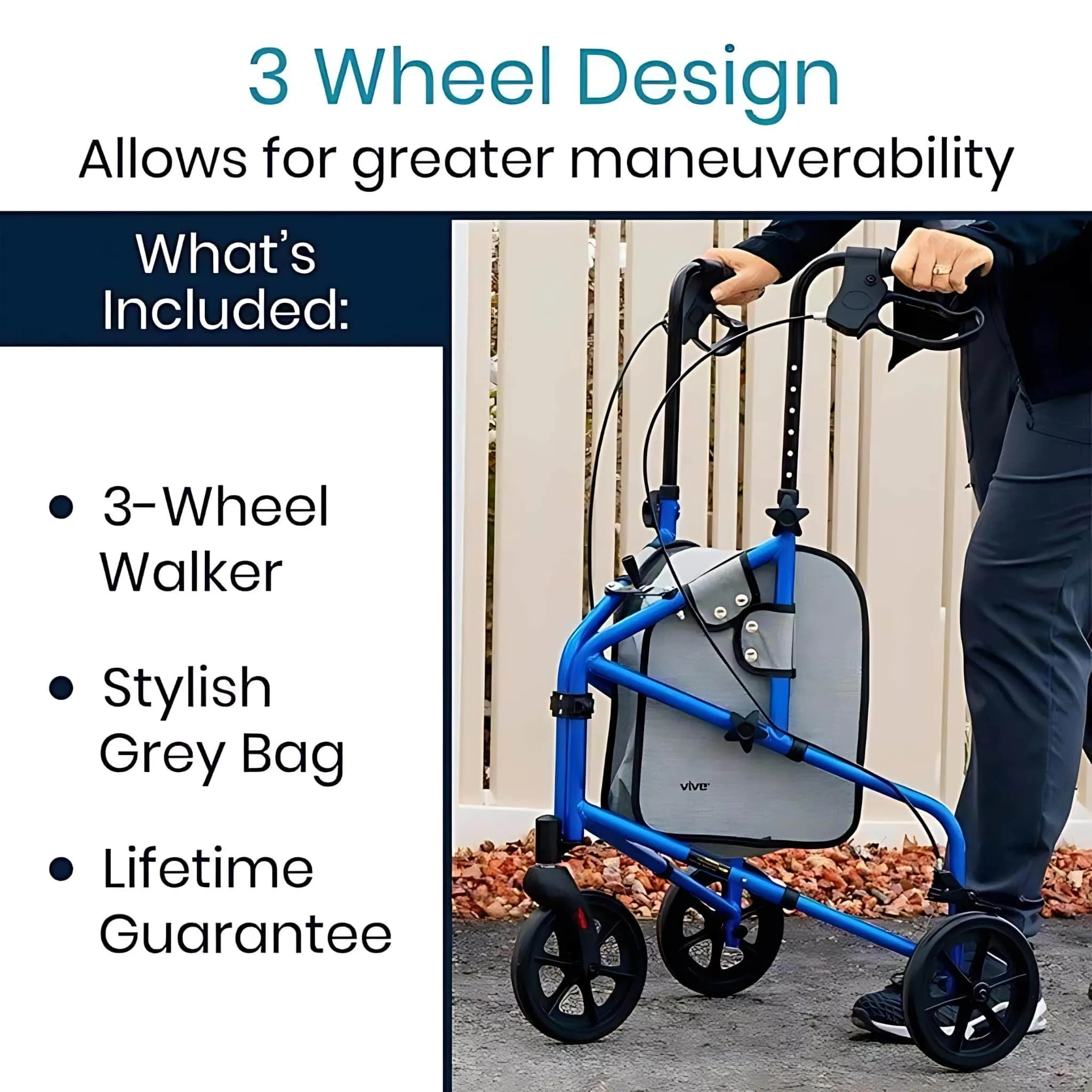 Vive Health 3 Wheel Walker Rollator- Lightweight Foldable Walking Transport