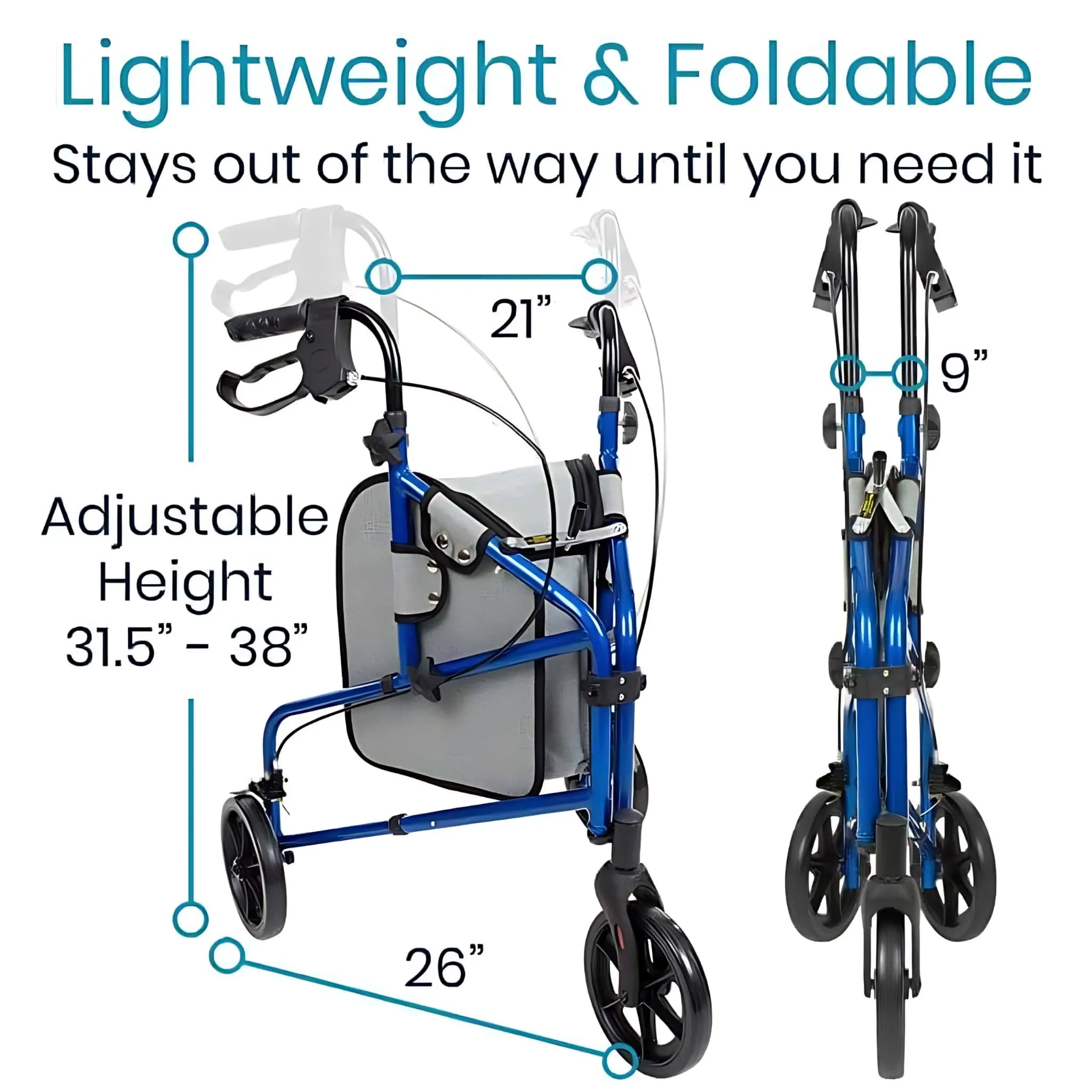 Vive Health 3 Wheel Walker Rollator- Lightweight Foldable Walking Transport