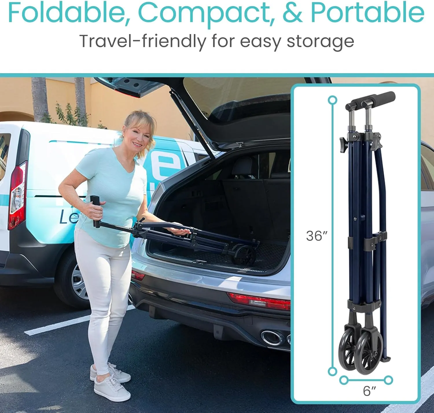 Vive Mobility Lightweight Folding Narrow Walker for Seniors - Compact & Collapsible for Travel with Wheels, Mobility Support, Portable- Weighs Only 7 Pounds