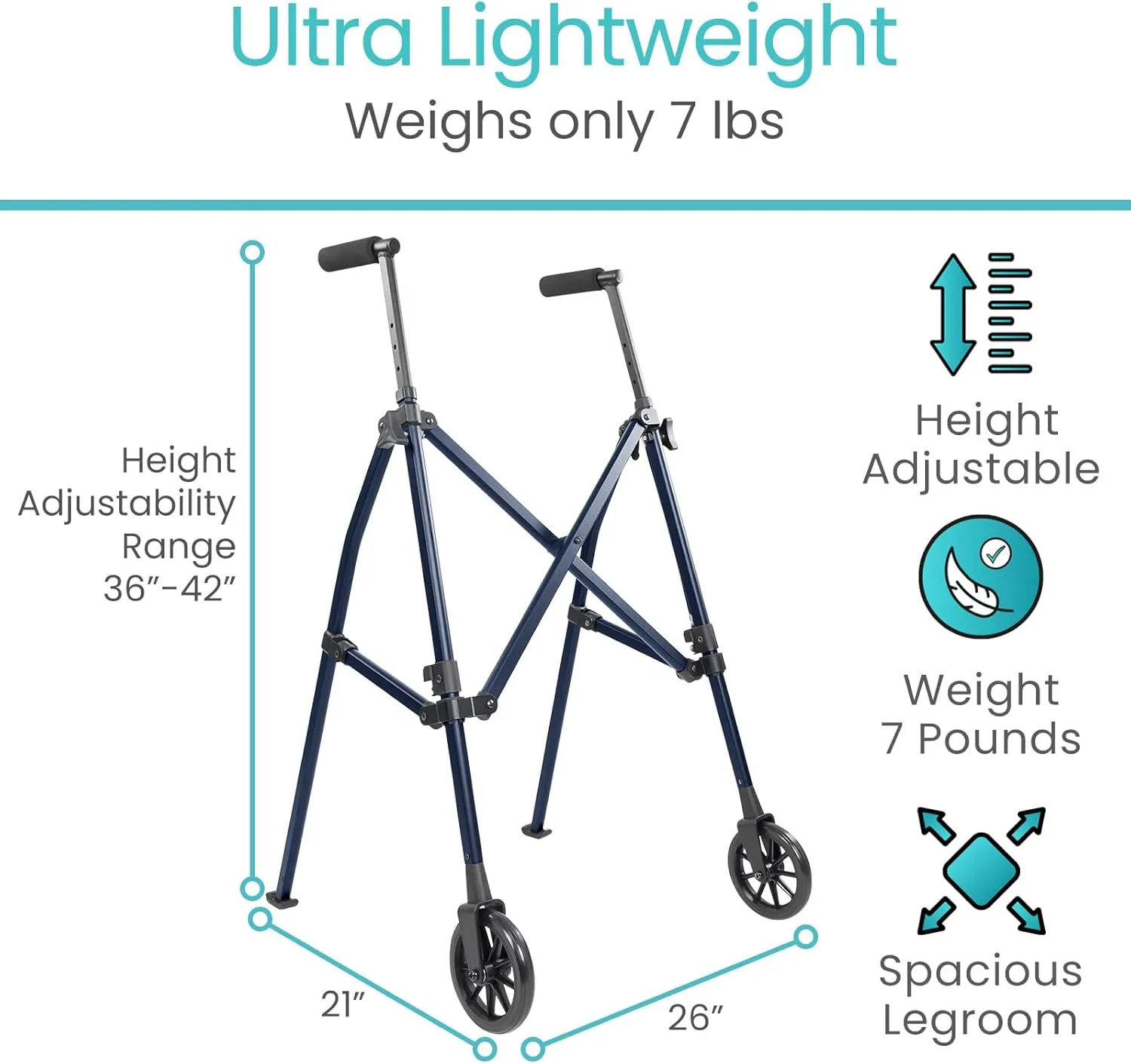 Vive Mobility Lightweight Folding Narrow Walker for Seniors - Compact & Collapsible for Travel with Wheels, Mobility Support, Portable- Weighs Only 7 Pounds