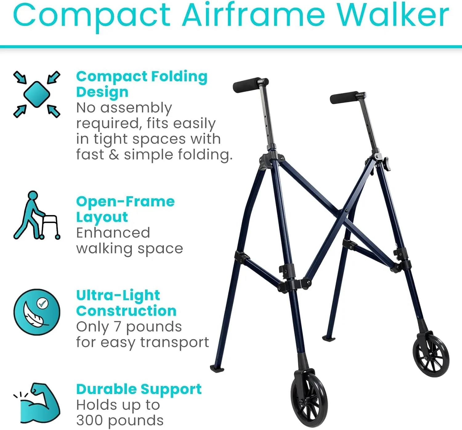 Vive Mobility Lightweight Folding Narrow Walker for Seniors - Compact & Collapsible for Travel with Wheels, Mobility Support, Portable- Weighs Only 7 Pounds