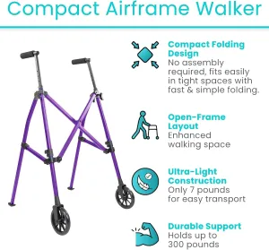 Vive Mobility Lightweight Narrow Folding Walker for Seniors - Compact & Collapsible for Travel with Wheels, Mobility Support, Portable - Weighs Only 7 Pounds