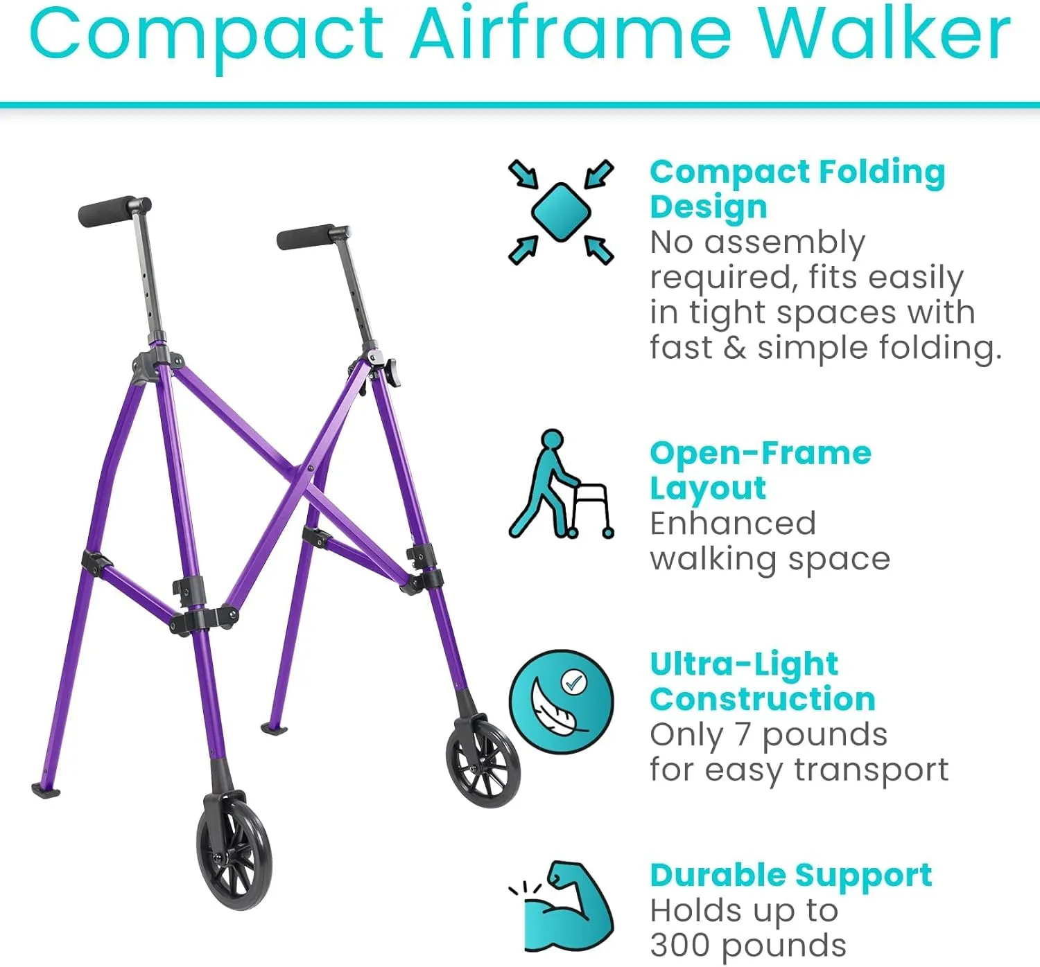 Vive Mobility Lightweight Narrow Folding Walker for Seniors - Compact & Collapsible for Travel with Wheels, Mobility Support, Portable - Weighs Only 7 Pounds
