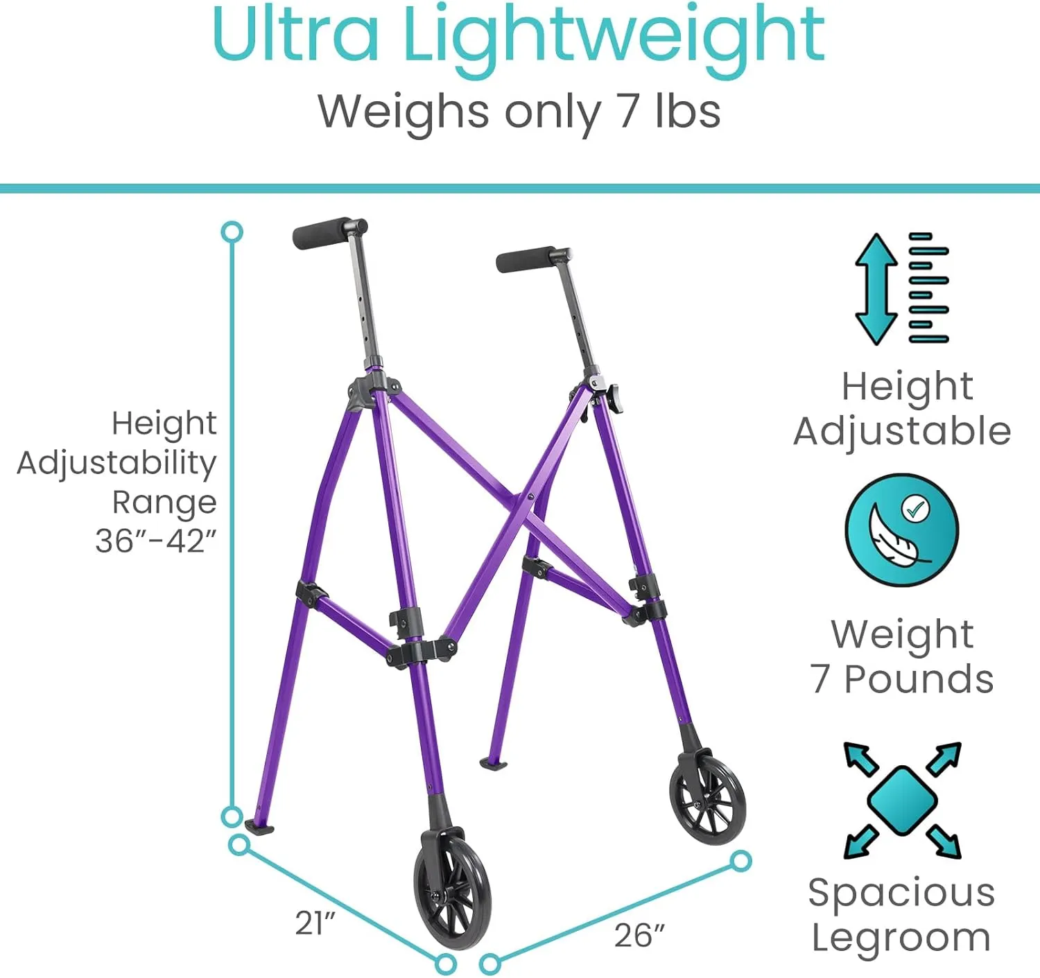 Vive Mobility Lightweight Narrow Folding Walker for Seniors - Compact & Collapsible for Travel with Wheels, Mobility Support, Portable - Weighs Only 7 Pounds