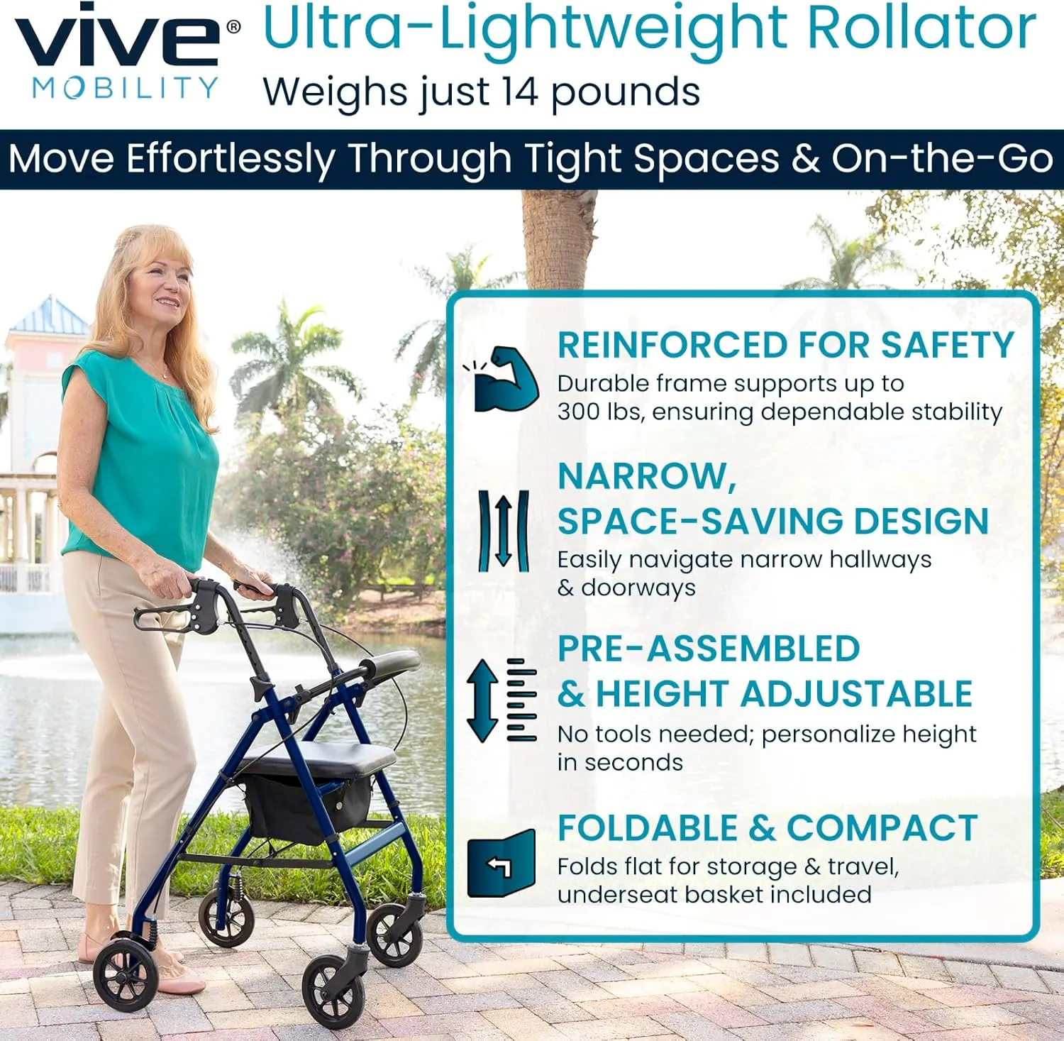 Vive Mobility Ultra Lightweight Rollator Walker with Seat - Foldable, Narrow, Rolling Senior Walker for Small Spaces - 4 Wheel Aluminum Adult Easy Drive Walker with Underseat Accessory