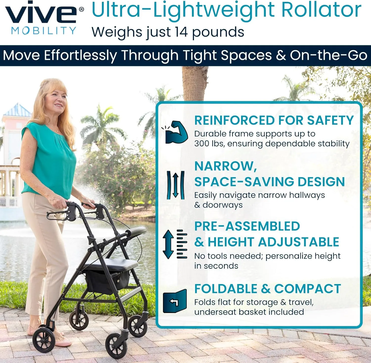Vive Mobility Ultra Lightweight Rollator Walker with Seat - Foldable, Narrow, Rolling Senior Walker for Small Spaces - 4 Wheel Aluminum Adult Easy Drive Walker with Underseat Accessory