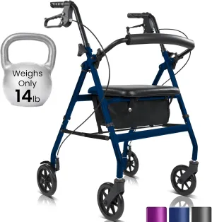 Vive Mobility Ultra Lightweight Rollator Walker with Seat - Foldable, Narrow, Rolling Senior Walker for Small Spaces - 4 Wheel Aluminum Adult Easy Drive Walker with Underseat Accessory