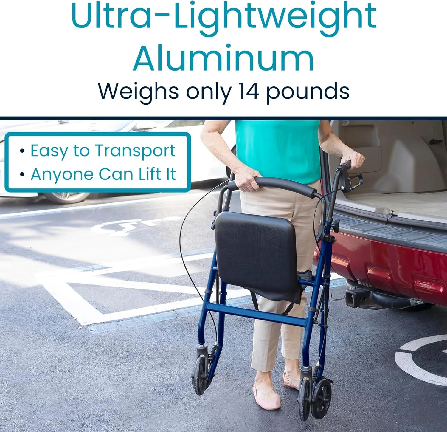 Vive Mobility Ultra Lightweight Rollator Walker with Seat - Foldable, Narrow, Rolling Senior Walker for Small Spaces - 4 Wheel Aluminum Adult Easy Drive Walker with Underseat Accessory