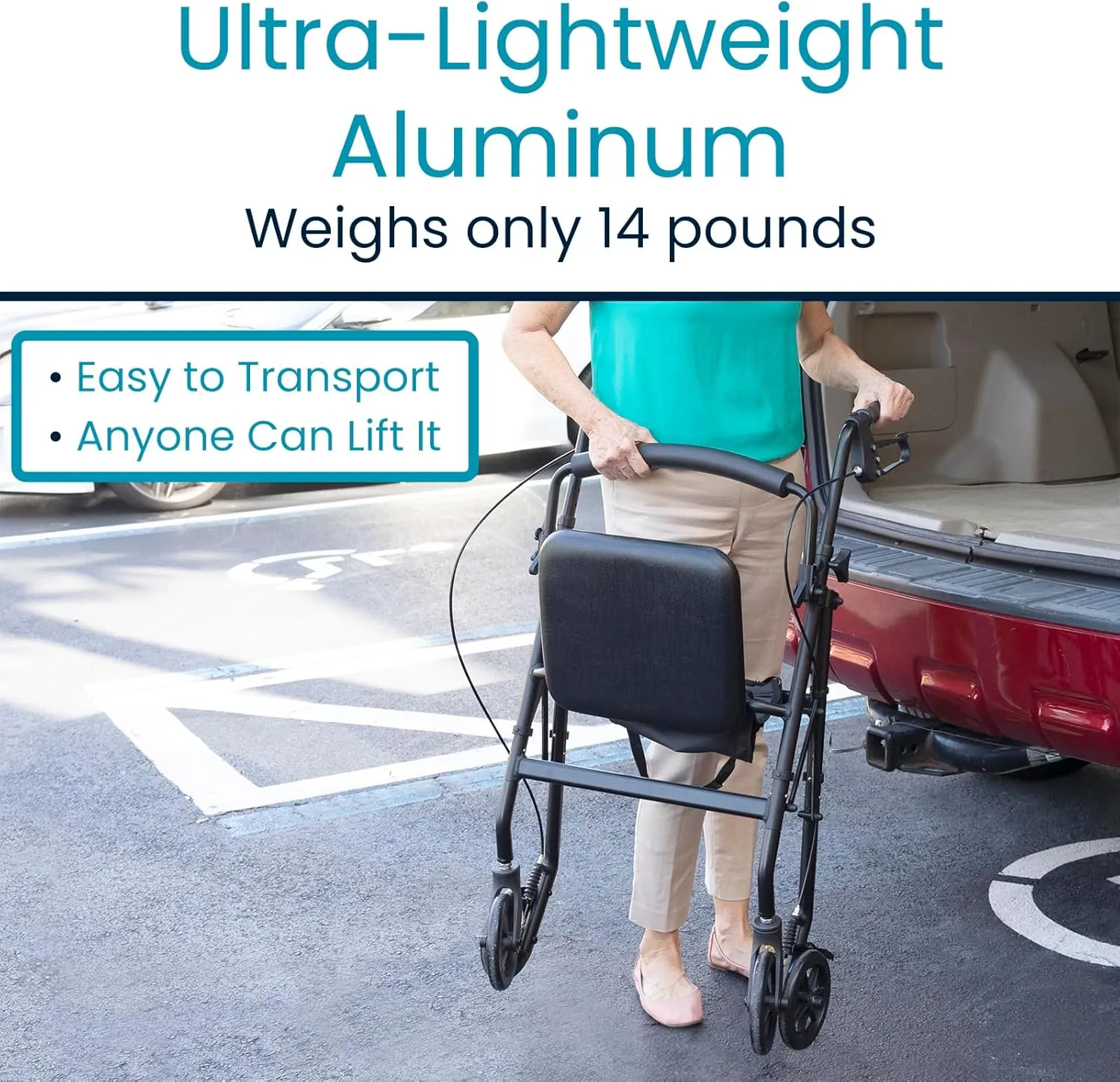 Vive Mobility Ultra Lightweight Rollator Walker with Seat - Foldable, Narrow, Rolling Senior Walker for Small Spaces - 4 Wheel Aluminum Adult Easy Drive Walker with Underseat Accessory