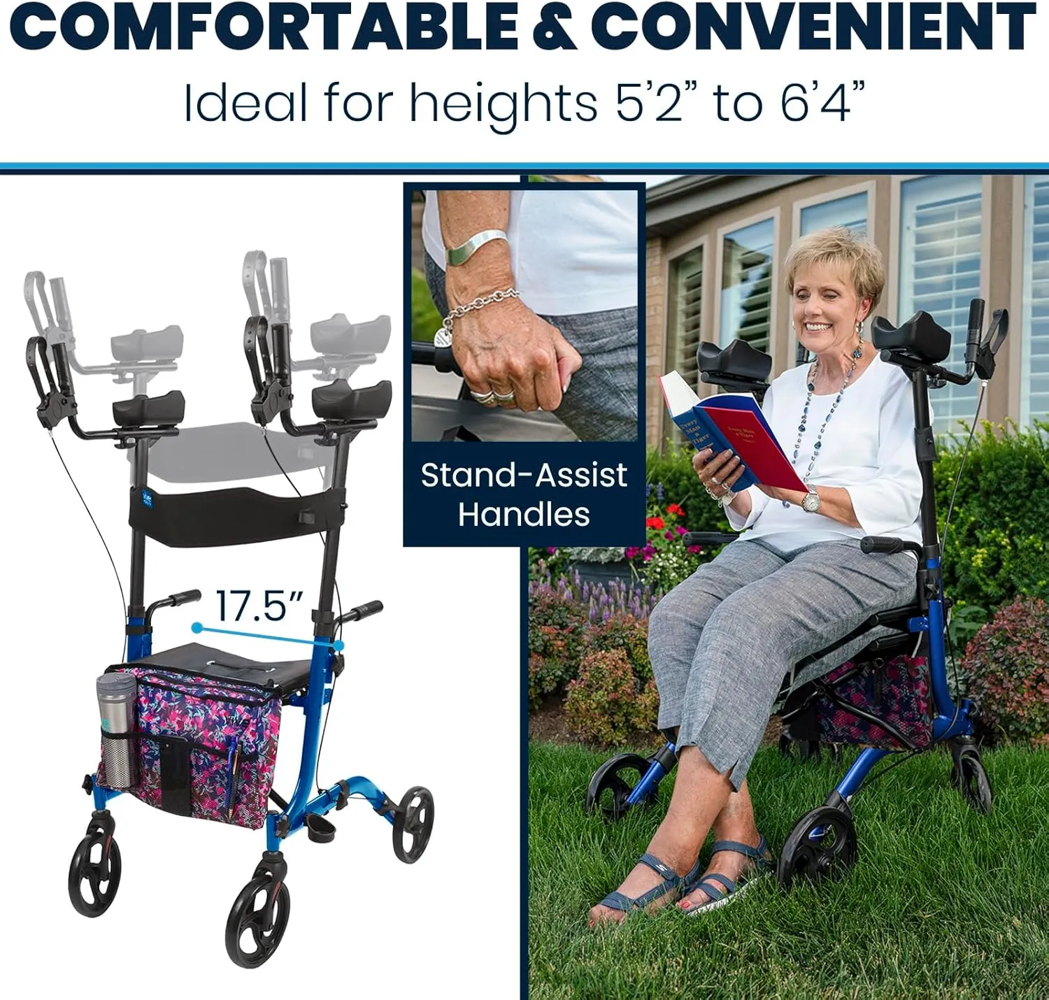 Vive Mobility Upright Walker with Seat, for Seniors, Women - Stand Up Rollator, Arm Rests, Heavy Duty, Folding Medical Aid Scooter for Elderly, Seniors - Walking Foldable Assist (Blue, Floral Bag)