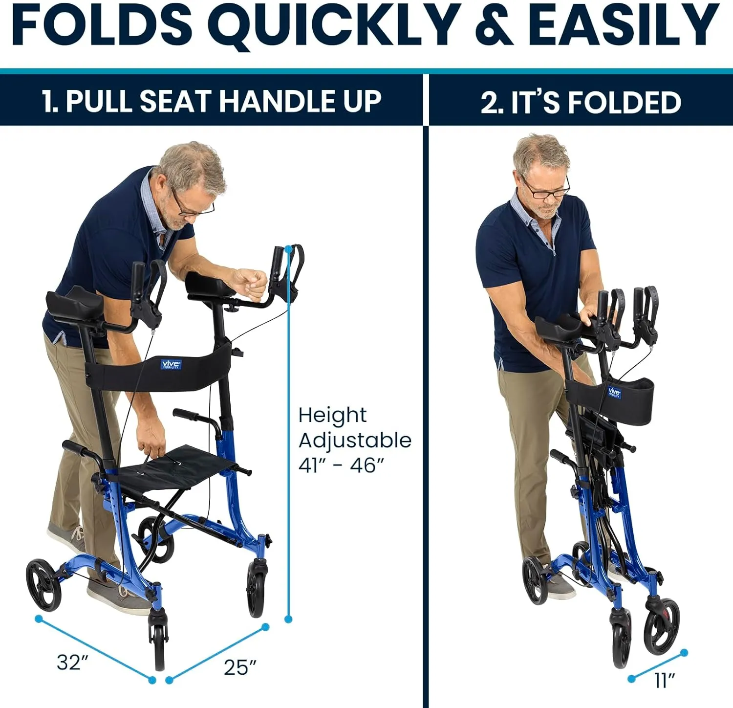 Vive Mobility Upright Walker with Seat, for Seniors, Women - Stand Up Rollator, Arm Rests, Heavy Duty, Folding Medical Aid Scooter for Elderly, Seniors - Walking Foldable Assist (Blue, Floral Bag)