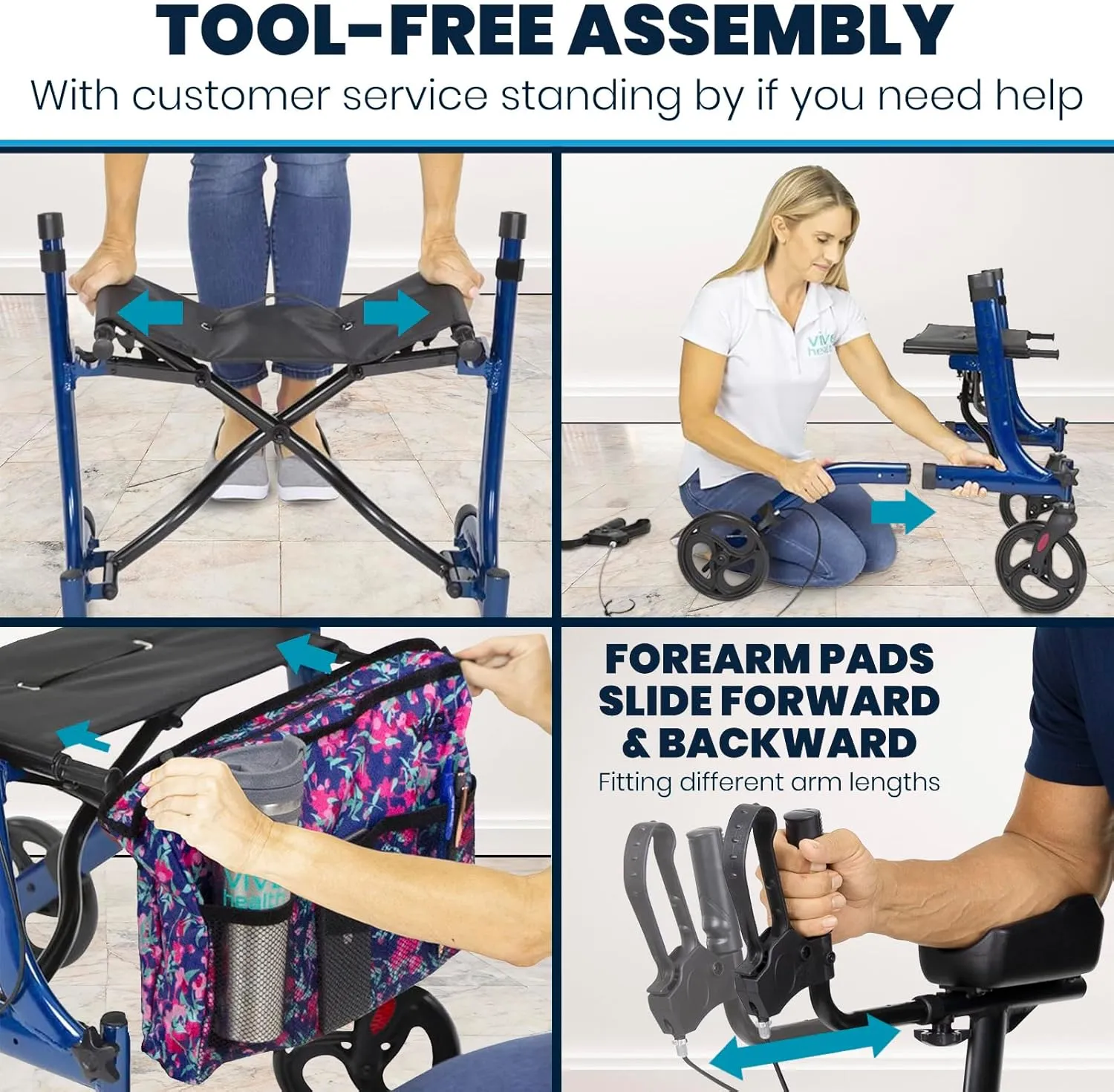 Vive Mobility Upright Walker with Seat, for Seniors, Women - Stand Up Rollator, Arm Rests, Heavy Duty, Folding Medical Aid Scooter for Elderly, Seniors - Walking Foldable Assist (Blue, Floral Bag)