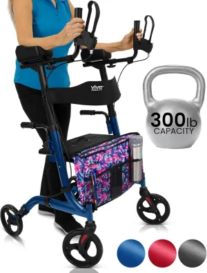Vive Mobility Upright Walker with Seat, for Seniors, Women - Stand Up Rollator, Arm Rests, Heavy Duty, Folding Medical Aid Scooter for Elderly, Seniors - Walking Foldable Assist (Blue, Floral Bag)