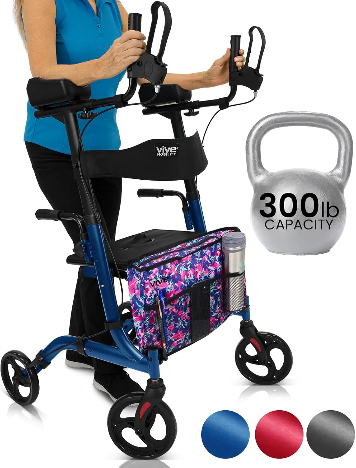 Vive Mobility Upright Walker with Seat, for Seniors, Women - Stand Up Rollator, Arm Rests, Heavy Duty, Folding Medical Aid Scooter for Elderly, Seniors - Walking Foldable Assist (Blue, Floral Bag)
