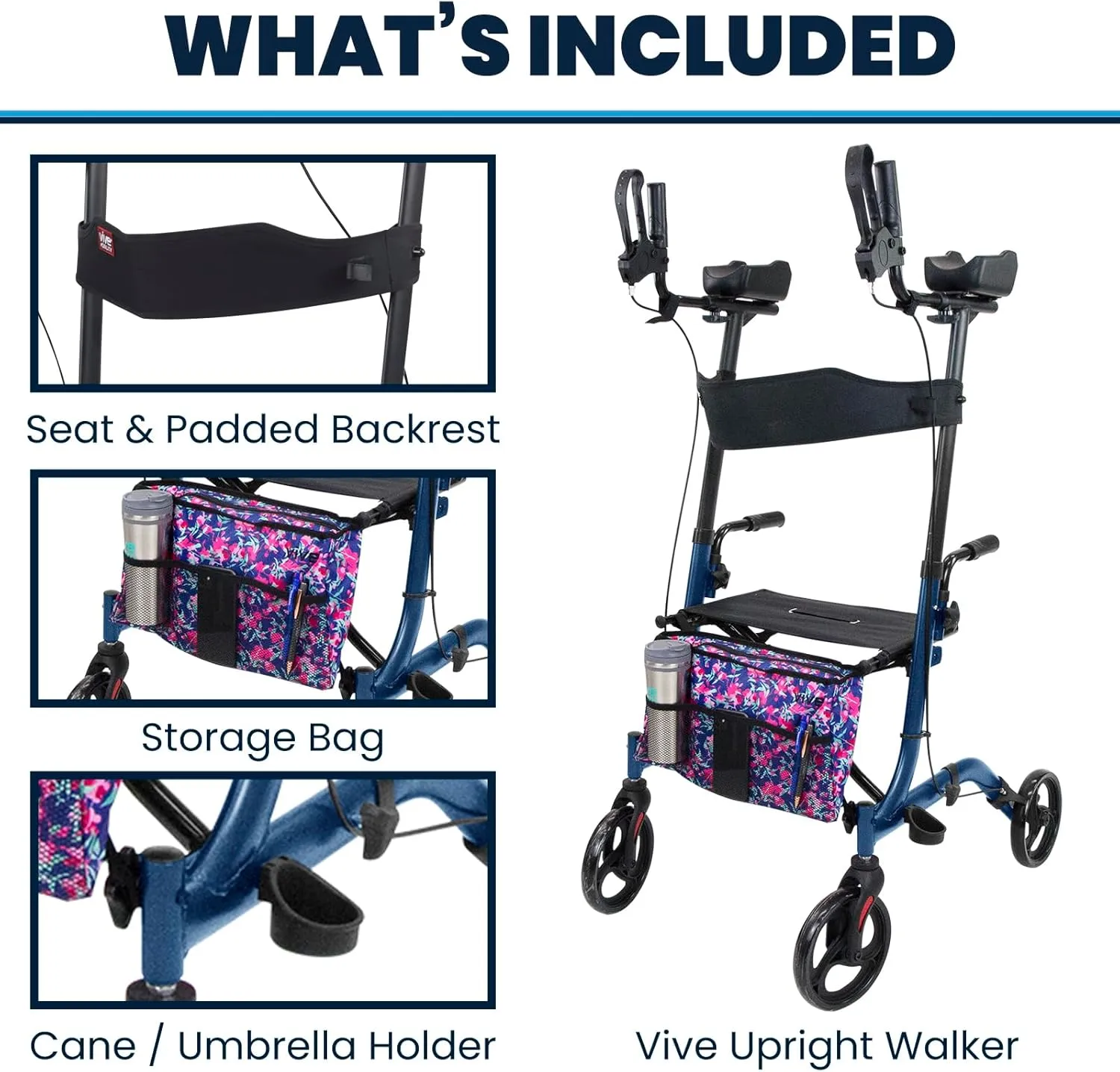 Vive Mobility Upright Walker with Seat, for Seniors, Women - Stand Up Rollator, Arm Rests, Heavy Duty, Folding Medical Aid Scooter for Elderly, Seniors - Walking Foldable Assist (Blue, Floral Bag)