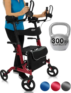 Vive Mobility Upright Walker with Seat, for Seniors, Women - Stand Up Rollator, Arm Rests, Heavy Duty, Folding Medical Aid Scooter for Elderly, Seniors - Walking Foldable Assist (Red, Black Bag)