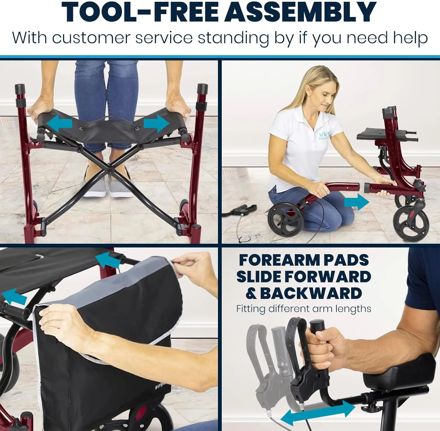 Vive Mobility Upright Walker with Seat, for Seniors, Women - Stand Up Rollator, Arm Rests, Heavy Duty, Folding Medical Aid Scooter for Elderly, Seniors - Walking Foldable Assist (Red, Black Bag)