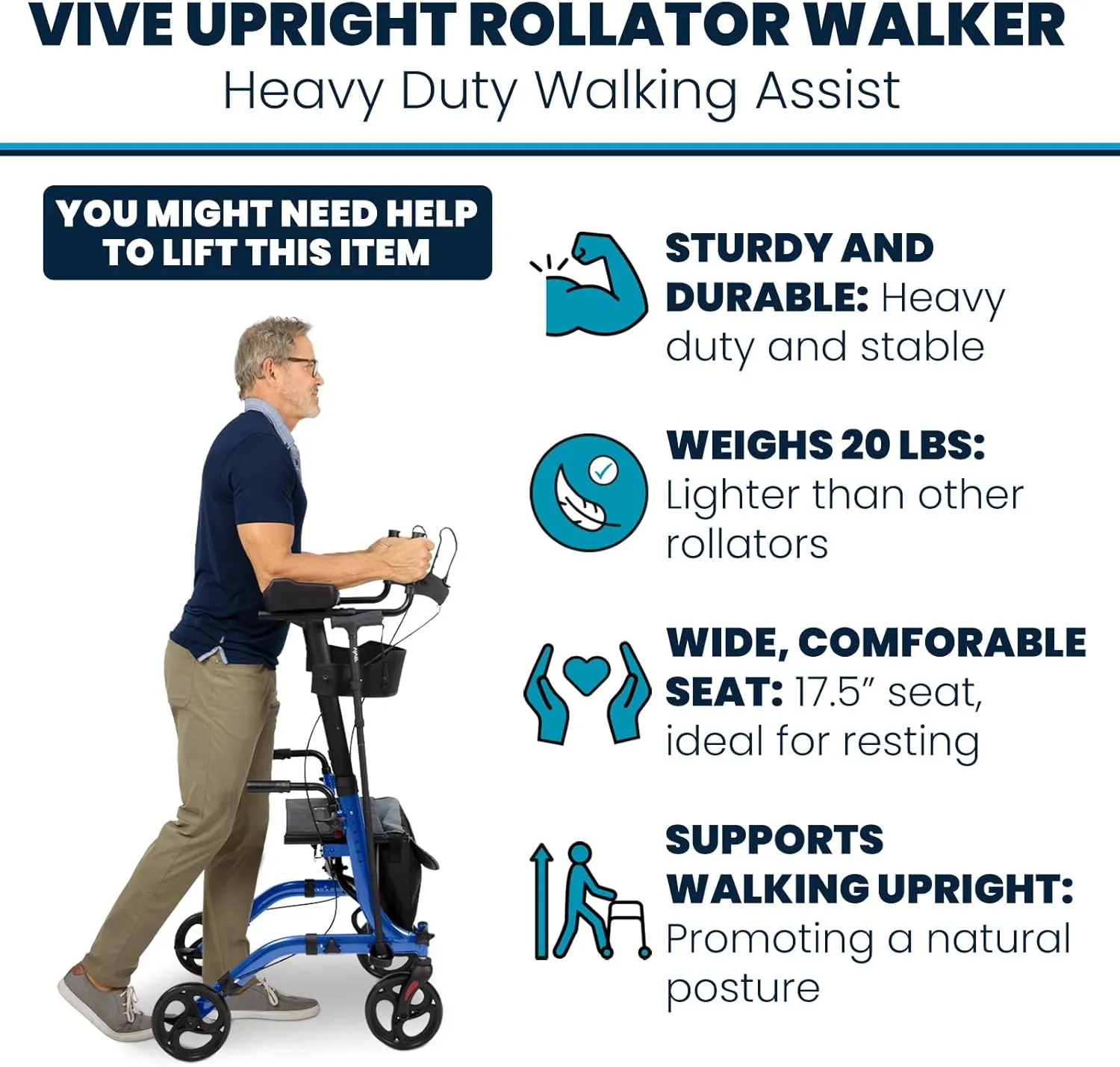 Vive Mobility Upright Walker with Seat, for Seniors, Women - Stand Up Rollator, Arm Rests, Heavy Duty, Folding Medical Aid Scooter for Elderly, Seniors - Walking Foldable Assist (Red, Black Bag)