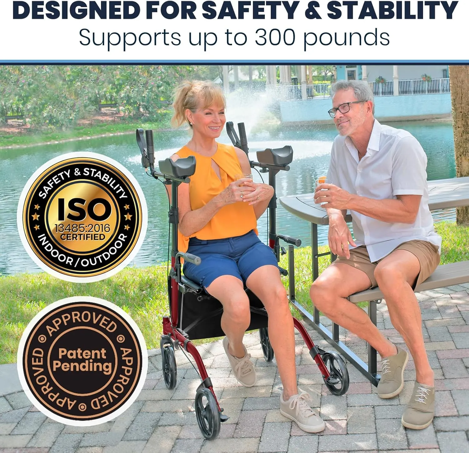 Vive Mobility Upright Walker with Seat, for Seniors, Women - Stand Up Rollator, Arm Rests, Heavy Duty, Folding Medical Aid Scooter for Elderly, Seniors - Walking Foldable Assist (Red, Black Bag)