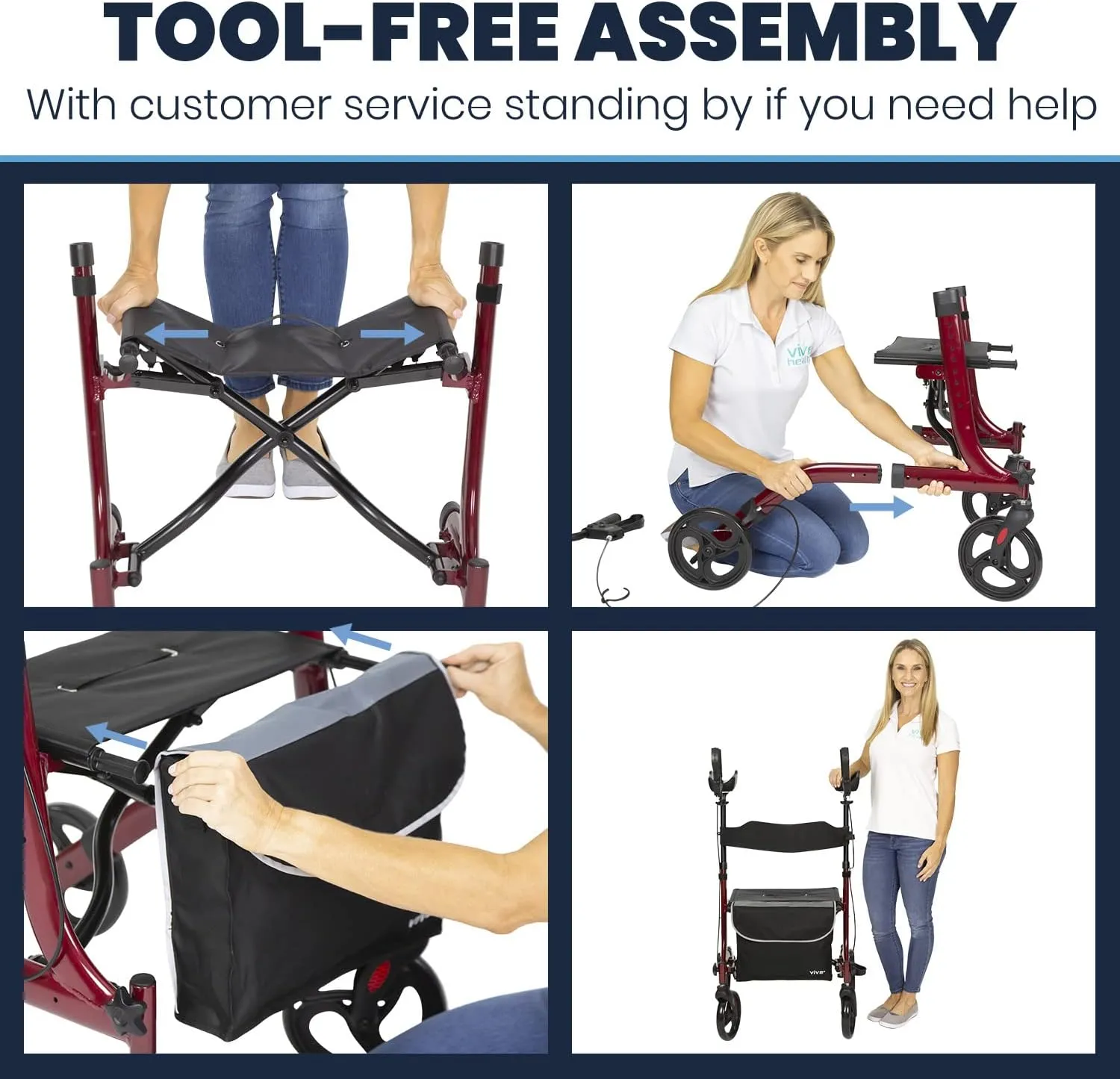 Vive Mobility Upright Walker with Seat, for Seniors, Women - Stand Up Rollator, Arm Rests, Heavy Duty, Folding Medical Aid Scooter for Elderly, Seniors - Walking Foldable Assist (Red, Black Bag)