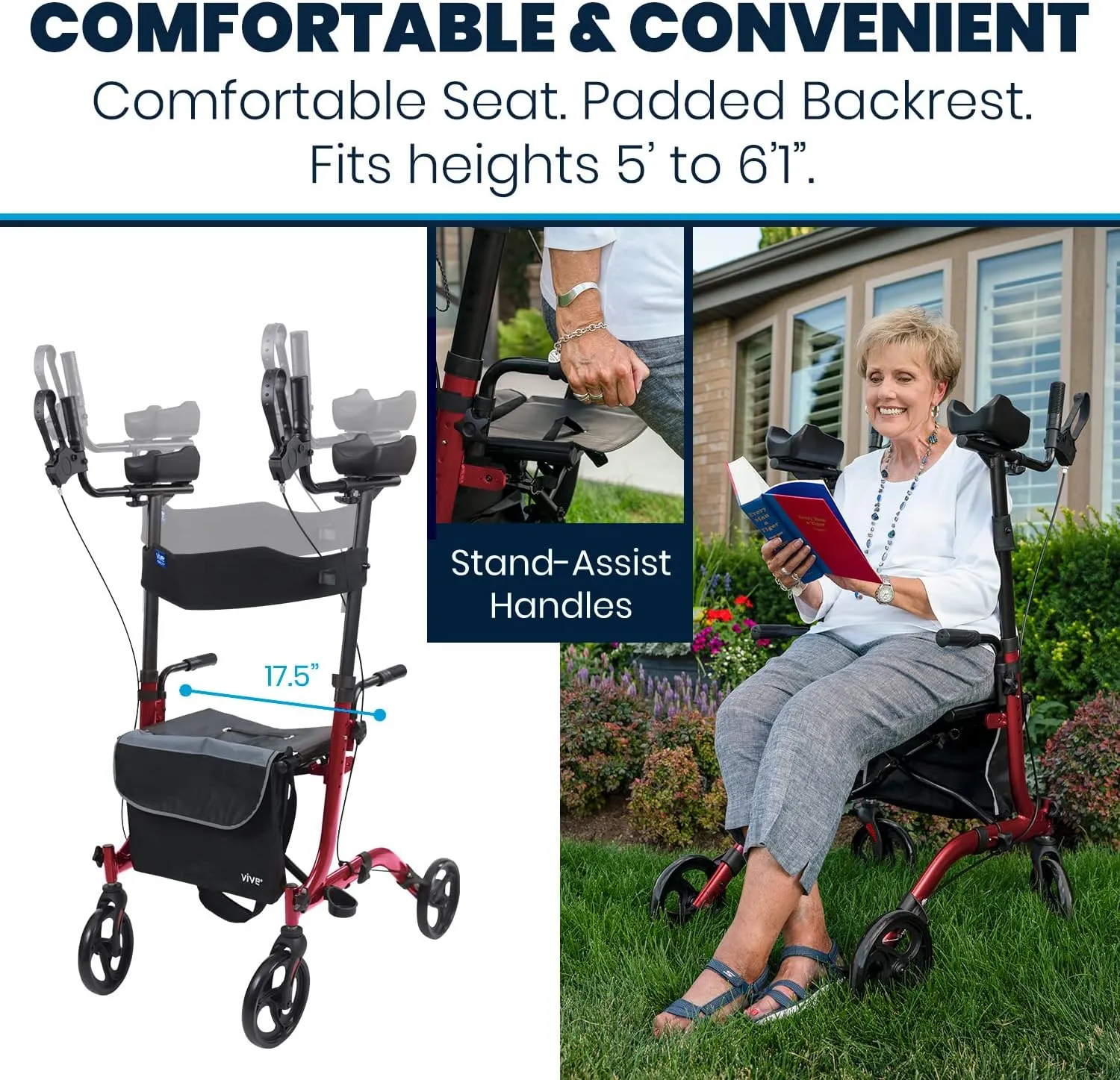 Vive Mobility Upright Walker with Seat, for Seniors, Women - Stand Up Rollator, Arm Rests, Heavy Duty, Folding Medical Aid Scooter for Elderly, Seniors - Walking Foldable Assist (Red, Black Bag)