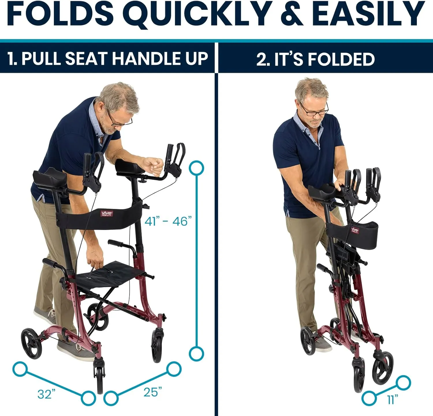 Vive Mobility Upright Walker with Seat, for Seniors, Women - Stand Up Rollator, Arm Rests, Heavy Duty, Folding Medical Aid Scooter for Elderly, Seniors - Walking Foldable Assist (Red, Black Bag)