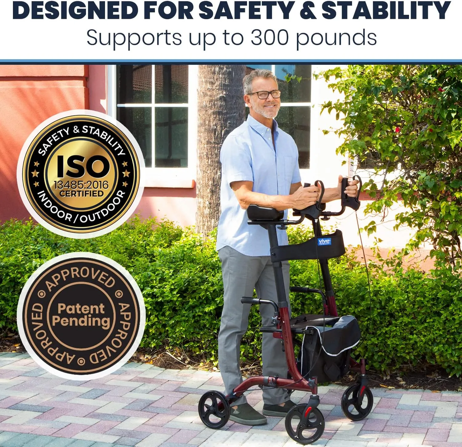 Vive Mobility Upright Walker with Seat, for Seniors, Women - Stand Up Rollator, Arm Rests, Heavy Duty, Folding Medical Aid Scooter for Elderly, Seniors - Walking Foldable Assist (Red, Black Bag)
