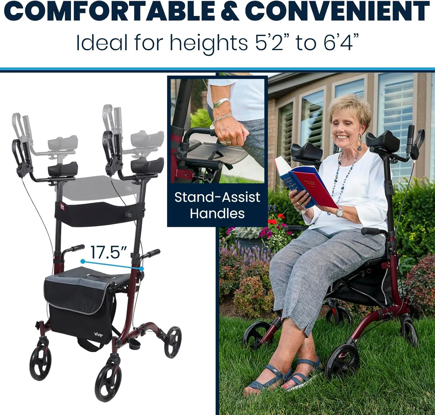 Vive Mobility Upright Walker with Seat, for Seniors, Women - Stand Up Rollator, Arm Rests, Heavy Duty, Folding Medical Aid Scooter for Elderly, Seniors - Walking Foldable Assist (Red, Black Bag)