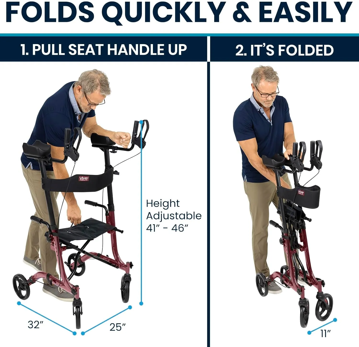 Vive Mobility Upright Walker with Seat, for Seniors, Women - Stand Up Rollator, Arm Rests, Heavy Duty, Folding Medical Aid Scooter for Elderly, Seniors - Walking Foldable Assist (Red, Black Bag)