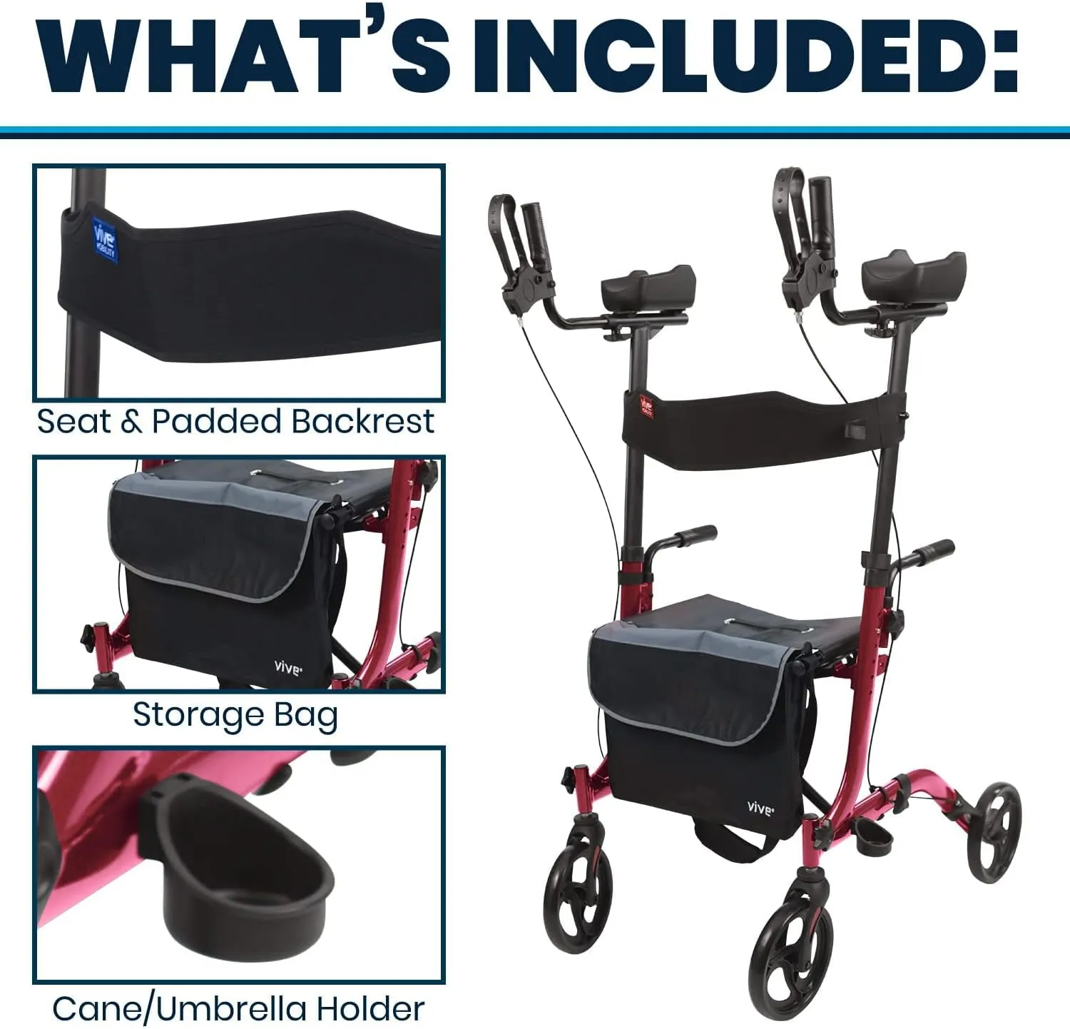 Vive Mobility Upright Walker with Seat, for Seniors, Women - Stand Up Rollator, Arm Rests, Heavy Duty, Folding Medical Aid Scooter for Elderly, Seniors - Walking Foldable Assist (Red, Black Bag)