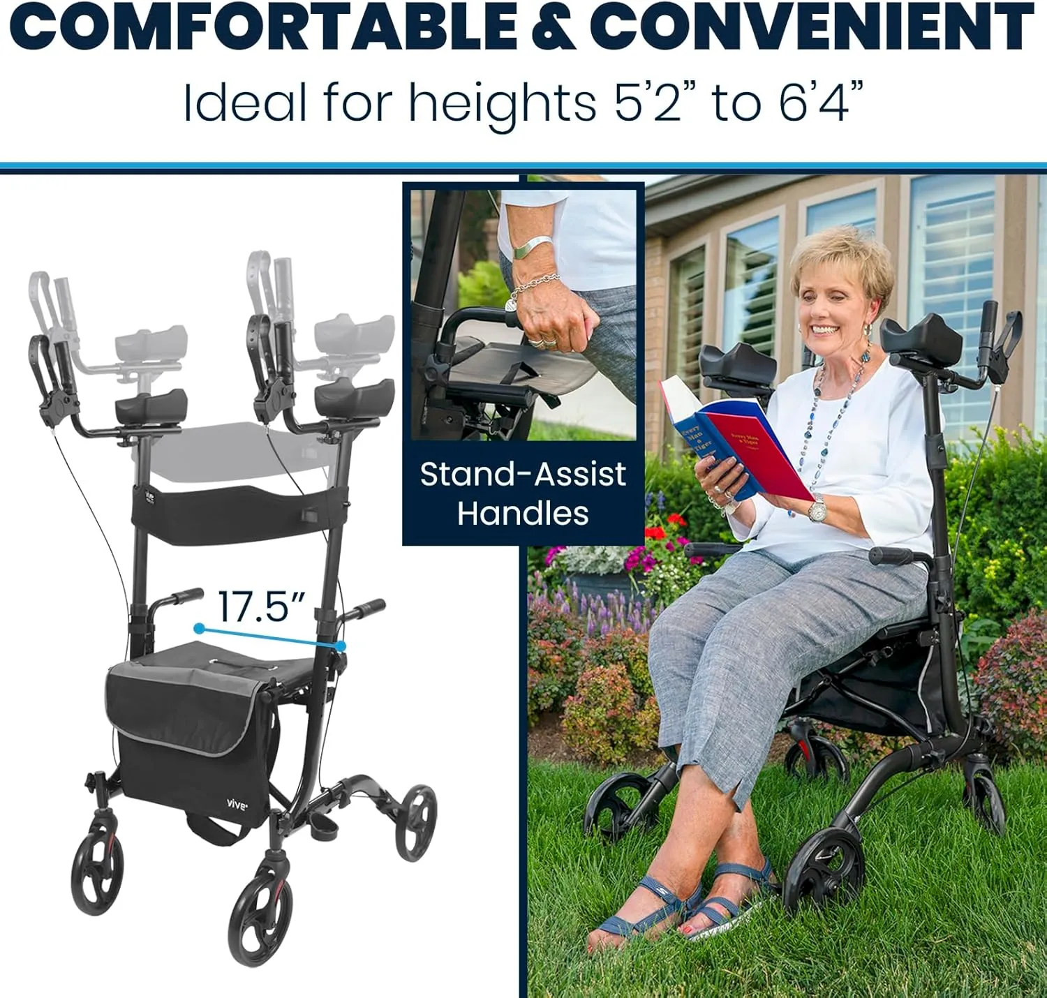 Vive Mobility Upright Walker with Seat - Stand Up Rollator, Arm Rests, Heavy Duty, Folding Medical Aid Scooter for Elderly, Seniors - Walking Assist, Foldable Transport Chair - 300 lb Capacity