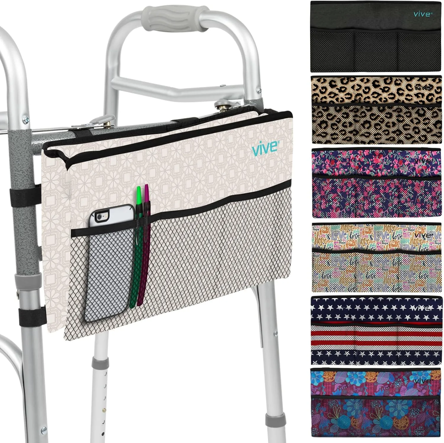 Vive Walker Bag - Accessories Basket Pouch for Seniors (Water Resistant) - Caddy Accessory Attachment for Folding, Rolling Walkers - Carry Storage Carrier Tote - Lightweight, Universal Size