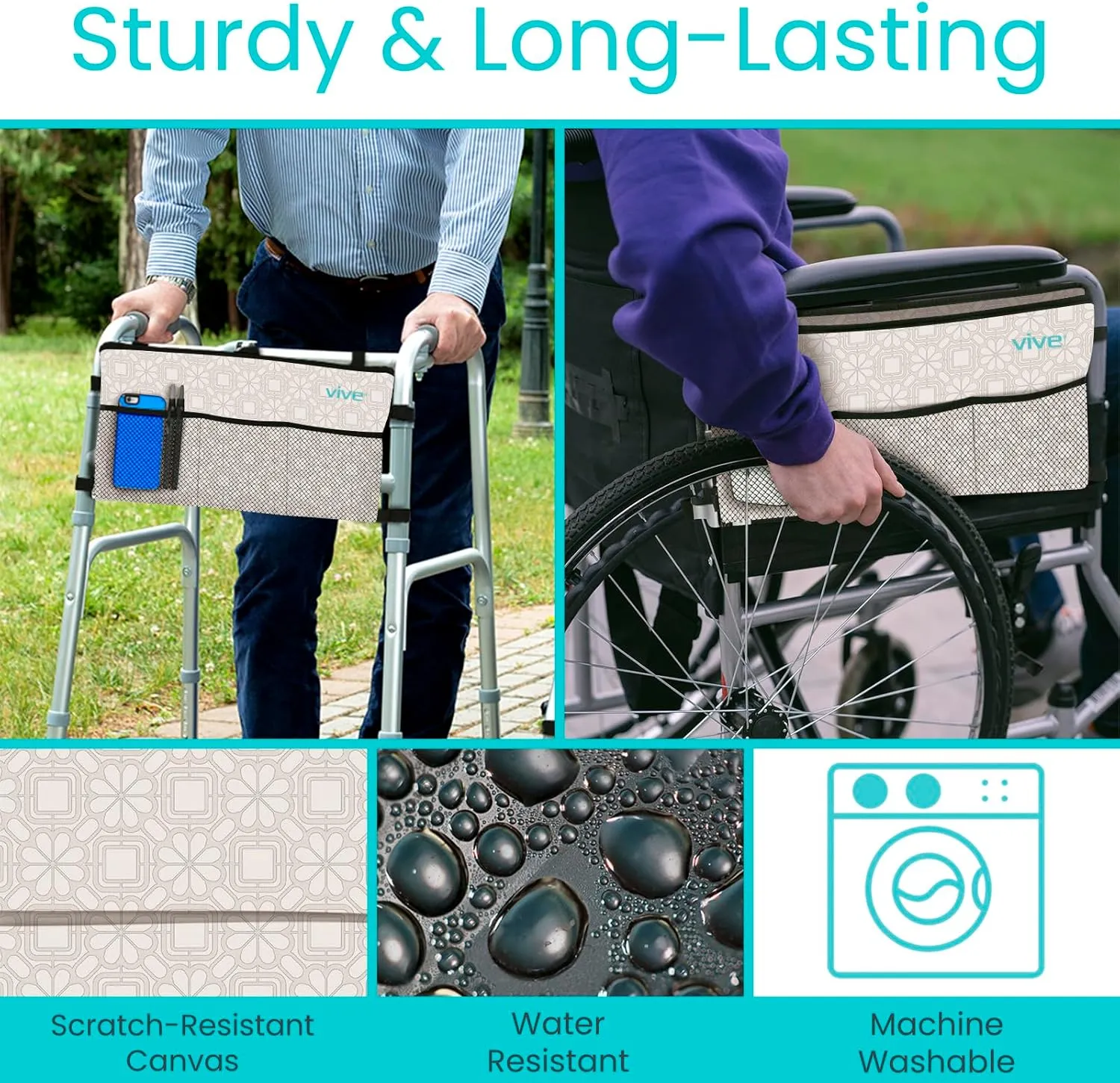 Vive Walker Bag - Accessories Basket Pouch for Seniors (Water Resistant) - Caddy Accessory Attachment for Folding, Rolling Walkers - Carry Storage Carrier Tote - Lightweight, Universal Size