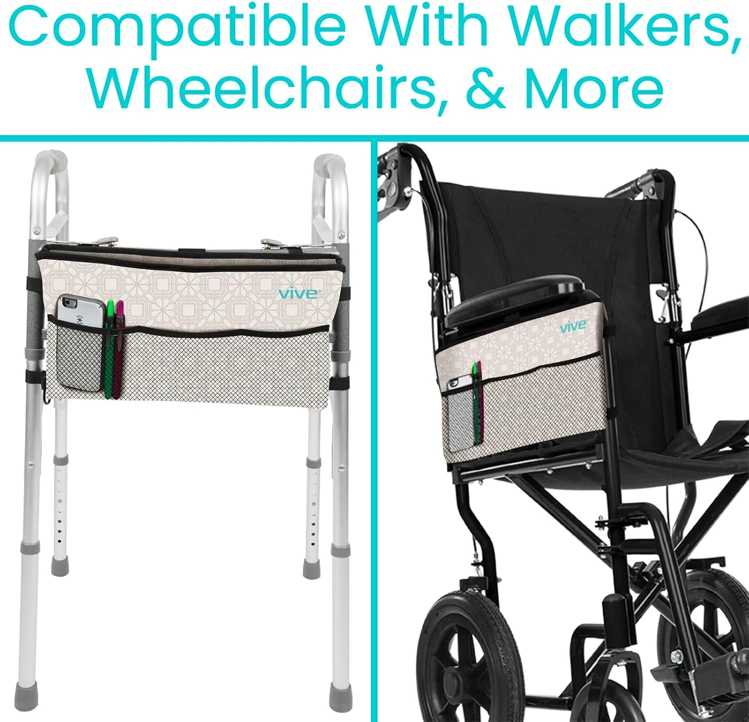 Vive Walker Bag - Accessories Basket Pouch for Seniors (Water Resistant) - Caddy Accessory Attachment for Folding, Rolling Walkers - Carry Storage Carrier Tote - Lightweight, Universal Size