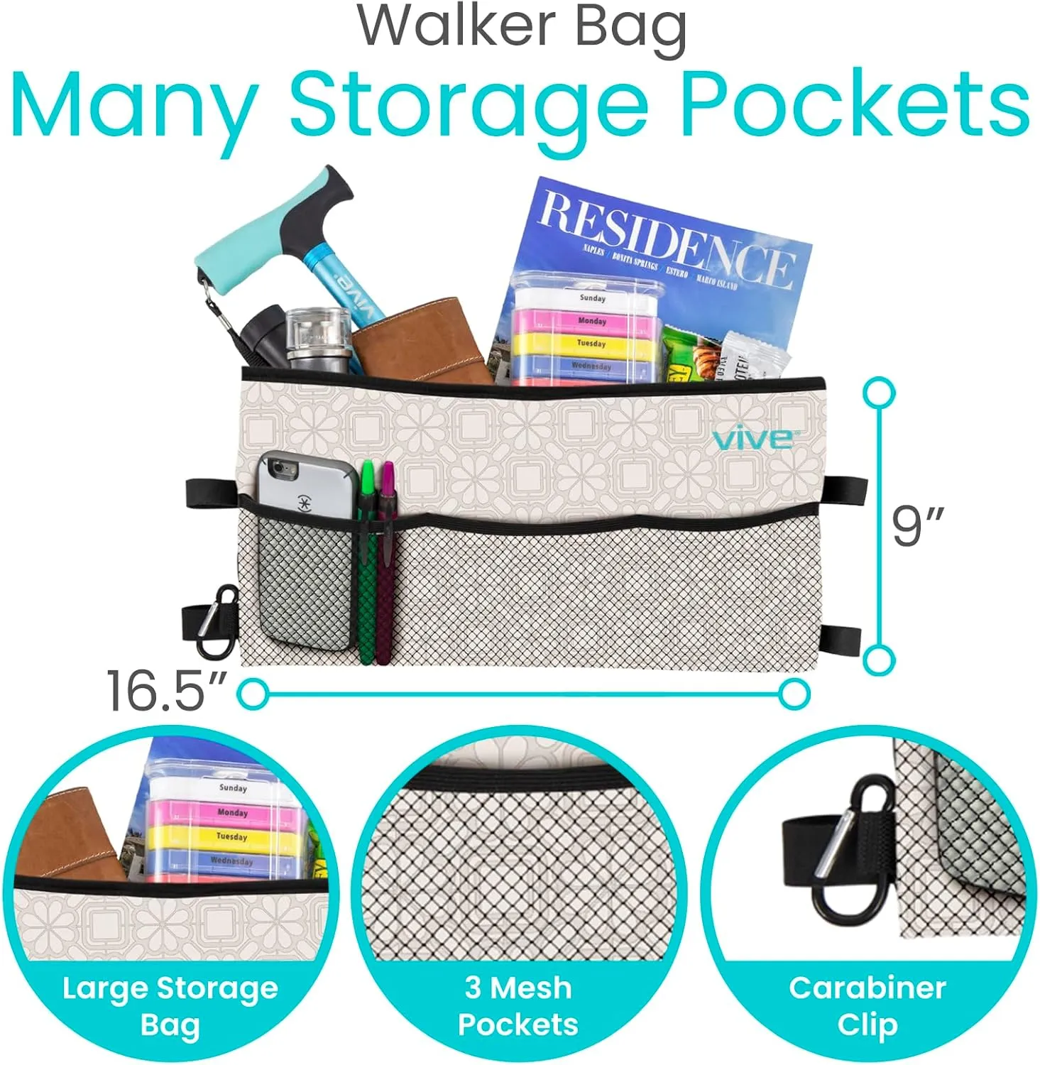 Vive Walker Bag - Accessories Basket Pouch for Seniors (Water Resistant) - Caddy Accessory Attachment for Folding, Rolling Walkers - Carry Storage Carrier Tote - Lightweight, Universal Size