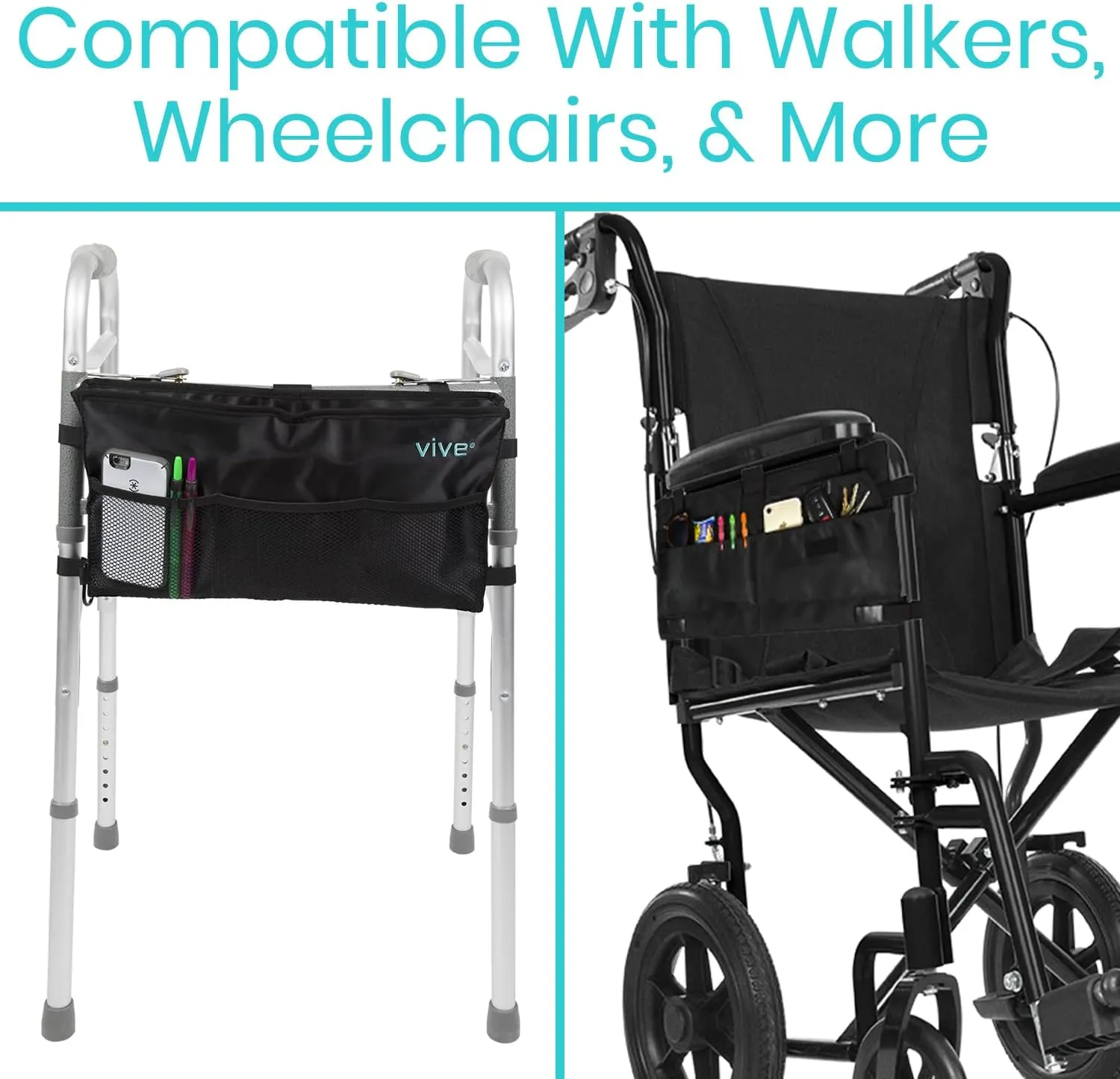 Vive Walker Bag - Accessories Wheelchair Basket Pouch (Water Resistant) - Seniors Caddy Accessory Attachment for Folding, Rolling Walkers - Carry Storage Carrier Tote - Lightweight, Universal Size