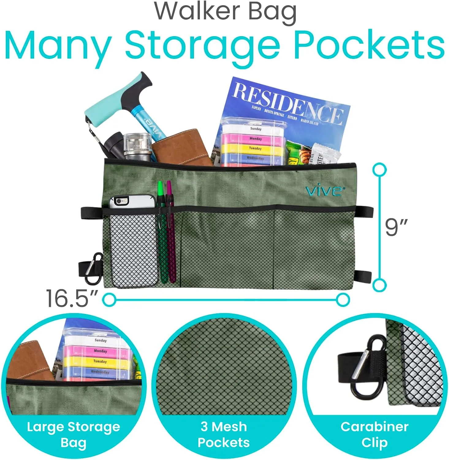 Vive Walker Bag - Accessories Wheelchair Basket Pouch (Water Resistant) - Seniors Caddy Accessory Attachment for Folding, Rolling Walkers - Carry Storage Carrier Tote - Lightweight, Universal Size