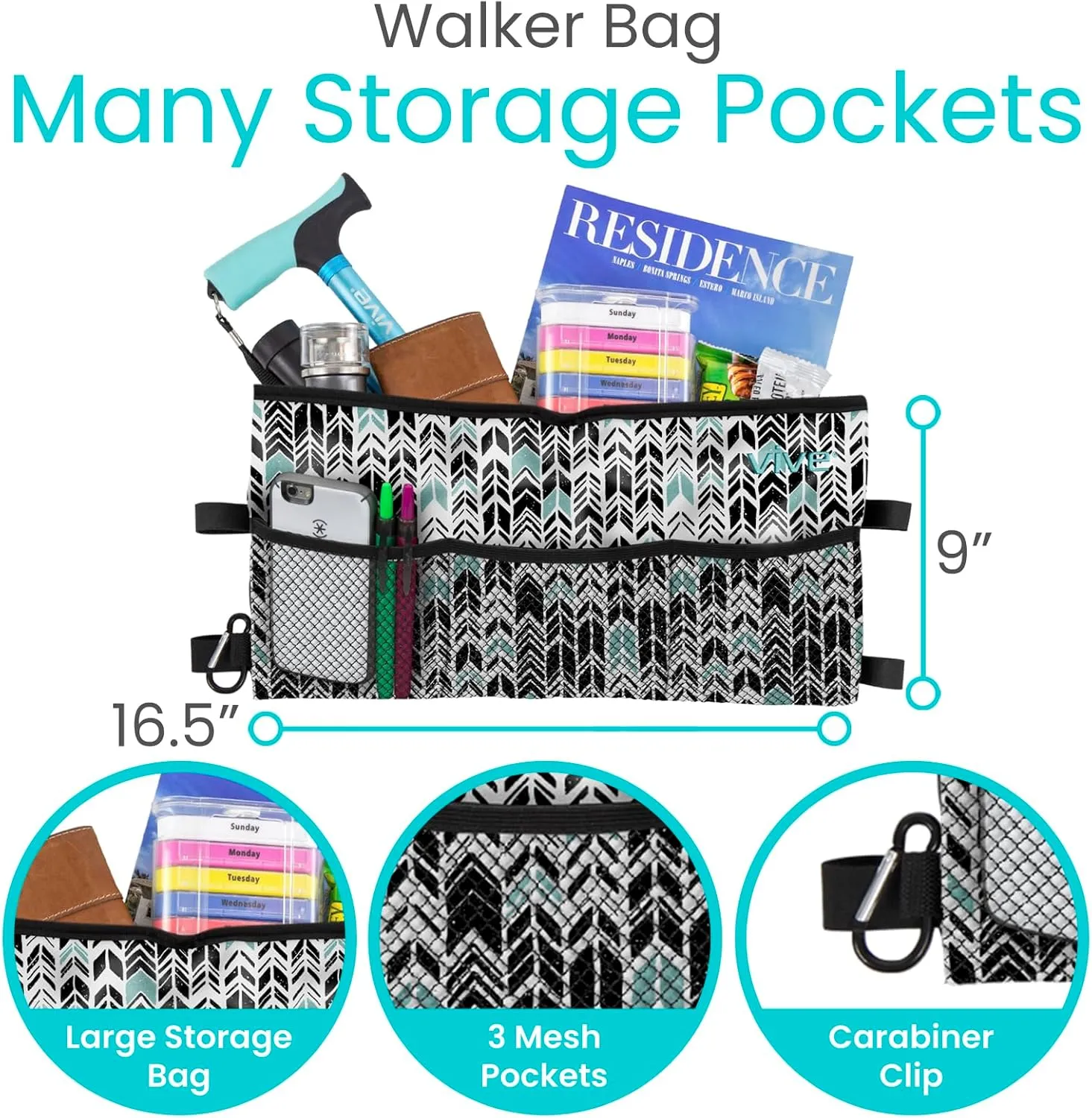 Vive Walker Bag - Accessories Wheelchair Basket Pouch (Water Resistant) - Seniors Caddy Accessory Attachment for Folding, Rolling Walkers - Carry Storage Carrier Tote - Lightweight, Universal Size