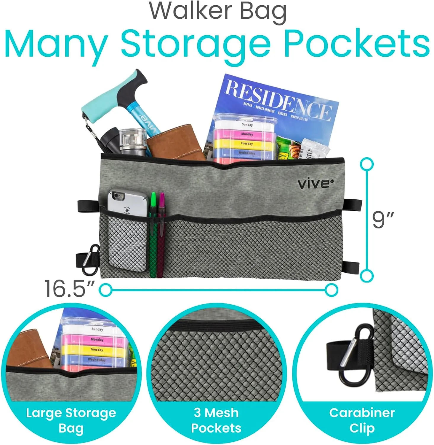 Vive Walker Bag - Accessories Wheelchair Basket Pouch (Water Resistant) - Seniors Caddy Accessory Attachment for Folding, Rolling Walkers - Carry Storage Carrier Tote - Lightweight, Universal Size