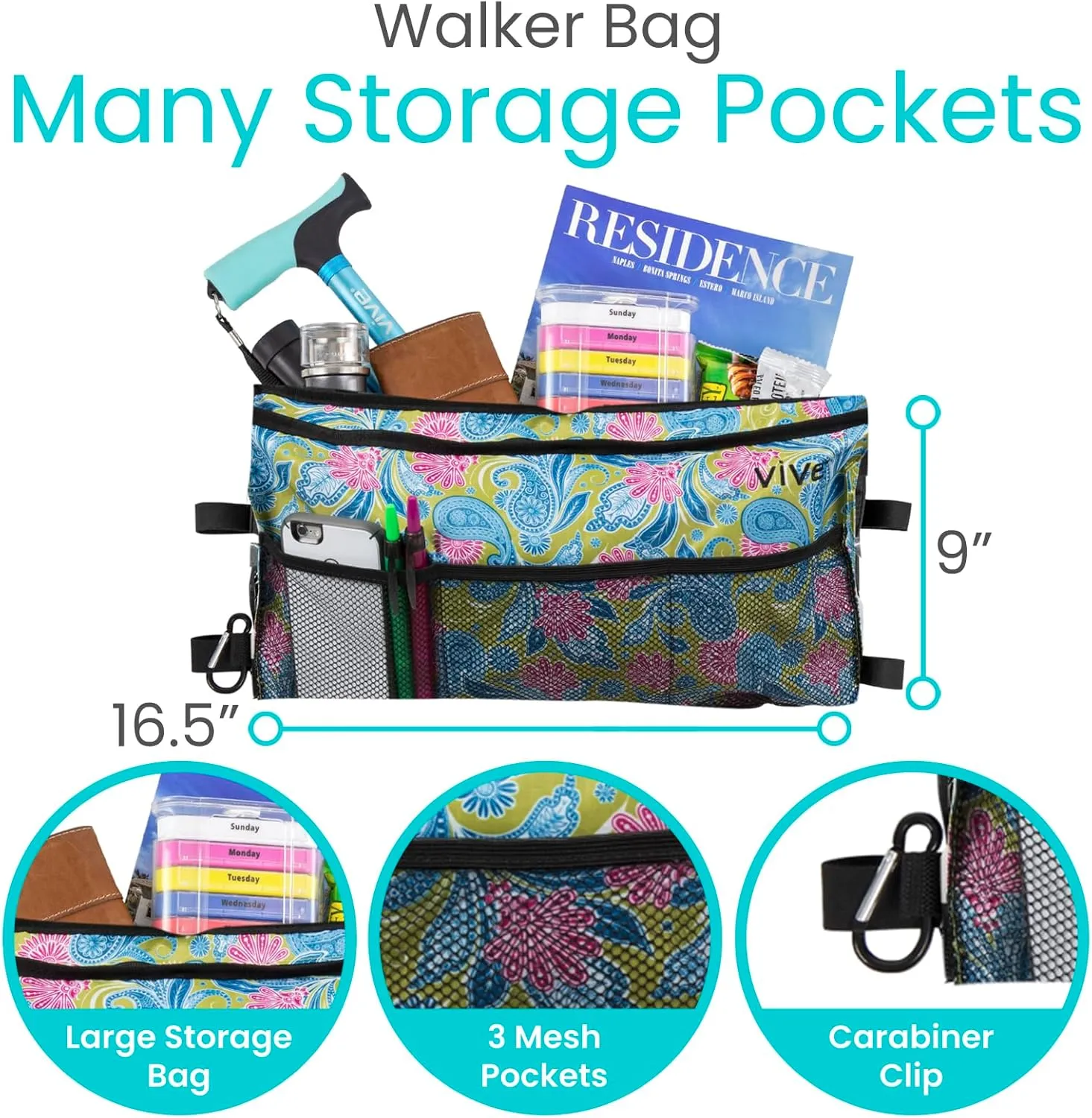 Vive Walker Bag - Accessories Wheelchair Basket Pouch (Water Resistant) - Seniors Caddy Accessory Attachment for Folding, Rolling Walkers - Carry Storage Carrier Tote - Lightweight, Universal Size