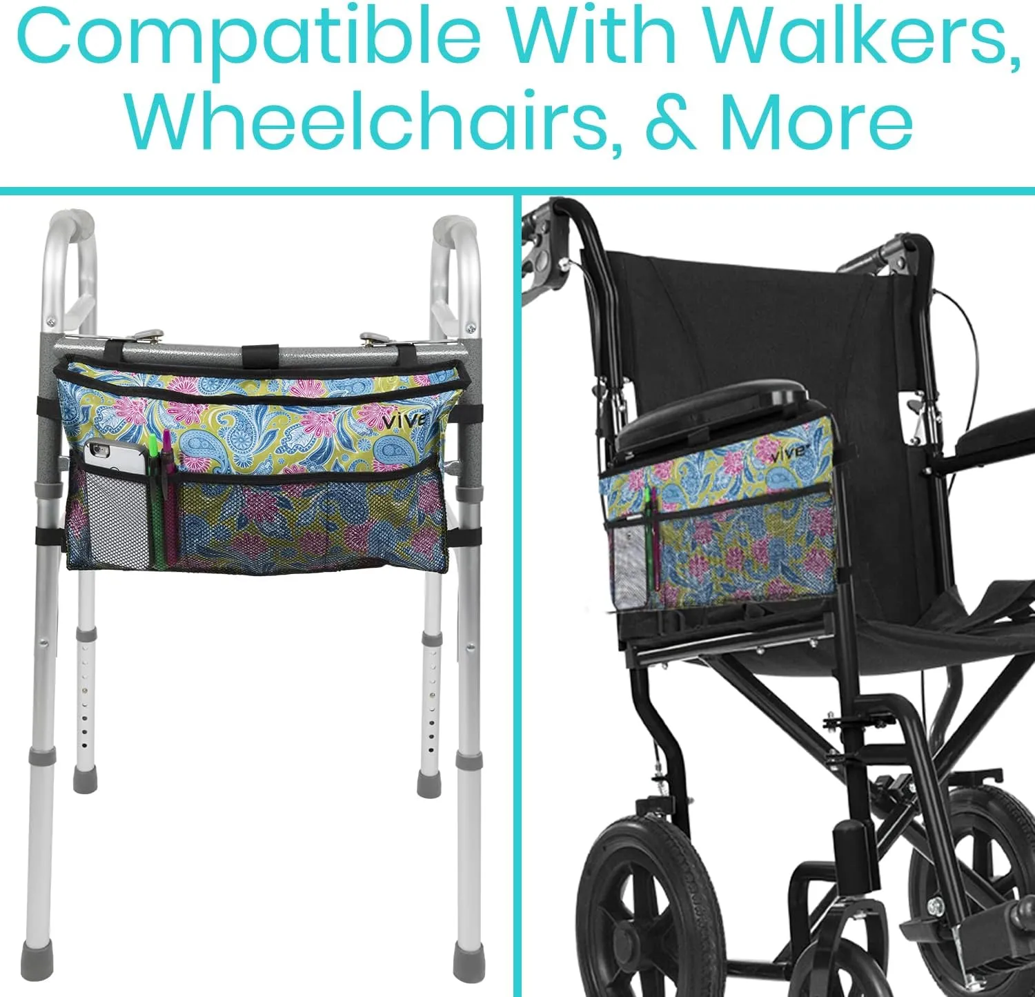 Vive Walker Bag - Accessories Wheelchair Basket Pouch (Water Resistant) - Seniors Caddy Accessory Attachment for Folding, Rolling Walkers - Carry Storage Carrier Tote - Lightweight, Universal Size