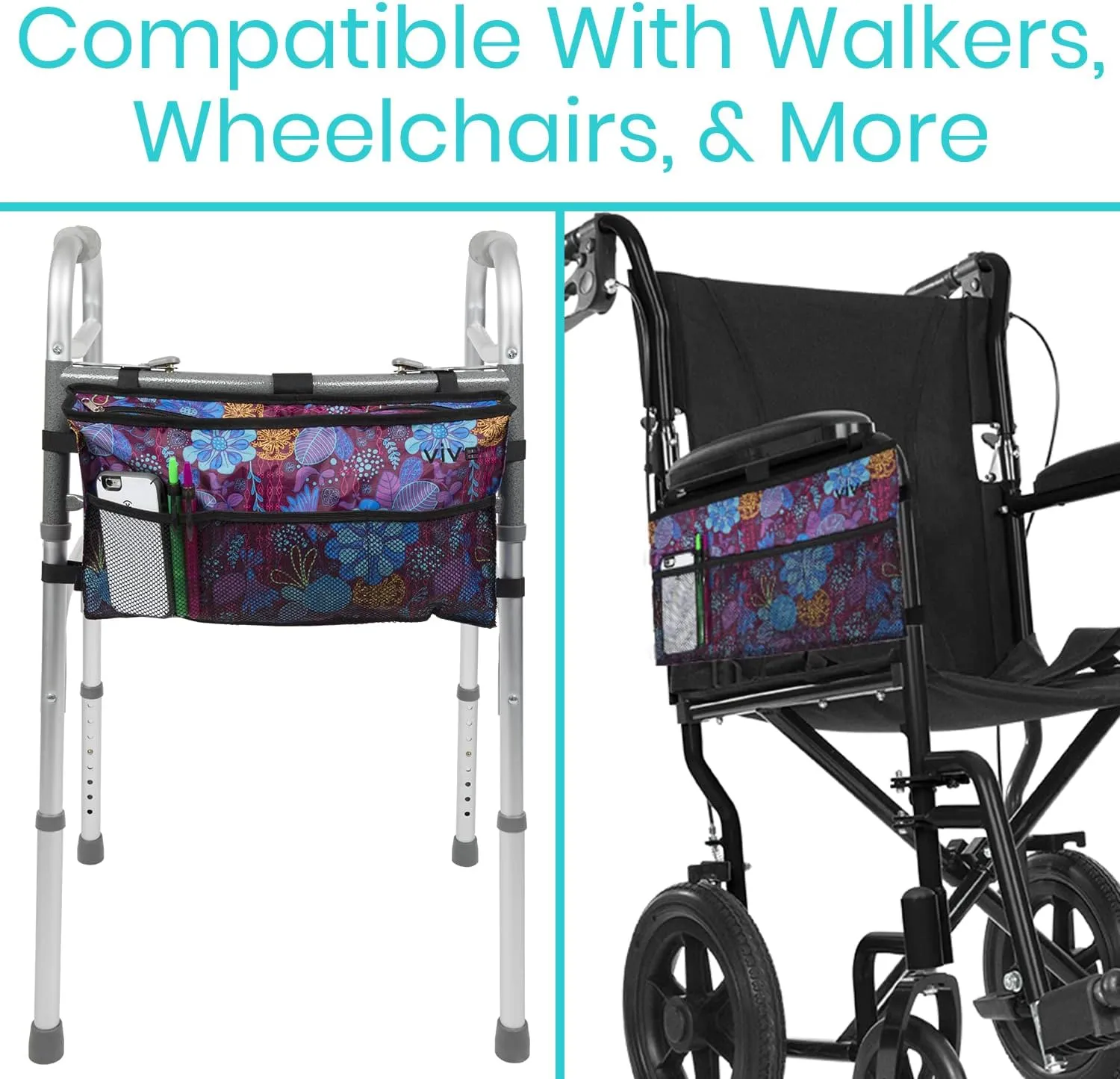 Vive Walker Bag - Accessories Wheelchair Basket Pouch (Water Resistant) - Seniors Caddy Accessory Attachment for Folding, Rolling Walkers - Carry Storage Carrier Tote - Lightweight, Universal Size