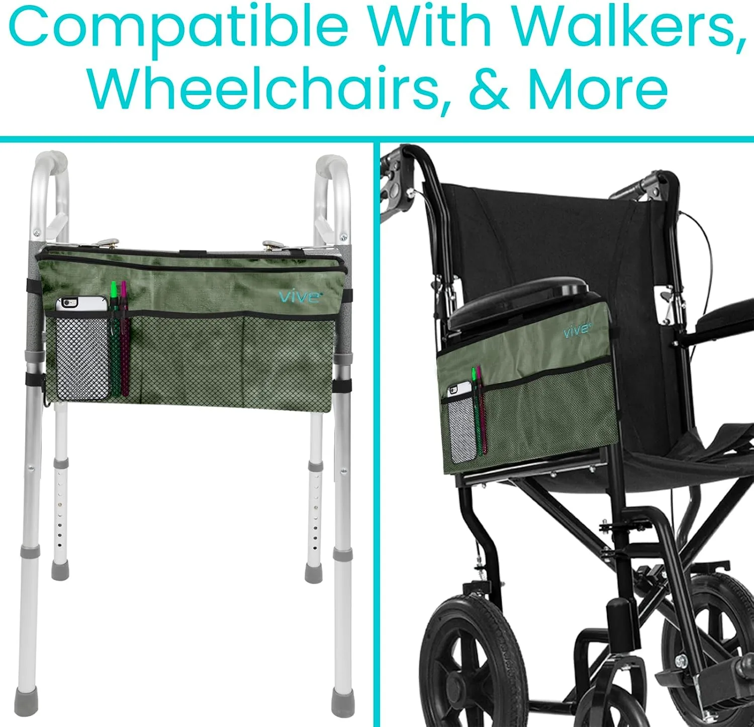 Vive Walker Bag - Accessories Wheelchair Basket Pouch (Water Resistant) - Seniors Caddy Accessory Attachment for Folding, Rolling Walkers - Carry Storage Carrier Tote - Lightweight, Universal Size