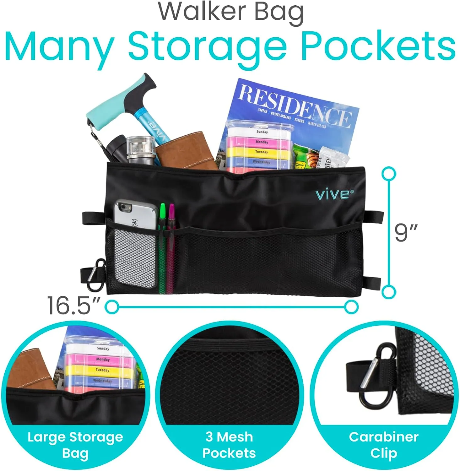 Vive Walker Bag - Accessories Wheelchair Basket Pouch (Water Resistant) - Seniors Caddy Accessory Attachment for Folding, Rolling Walkers - Carry Storage Carrier Tote - Lightweight, Universal Size