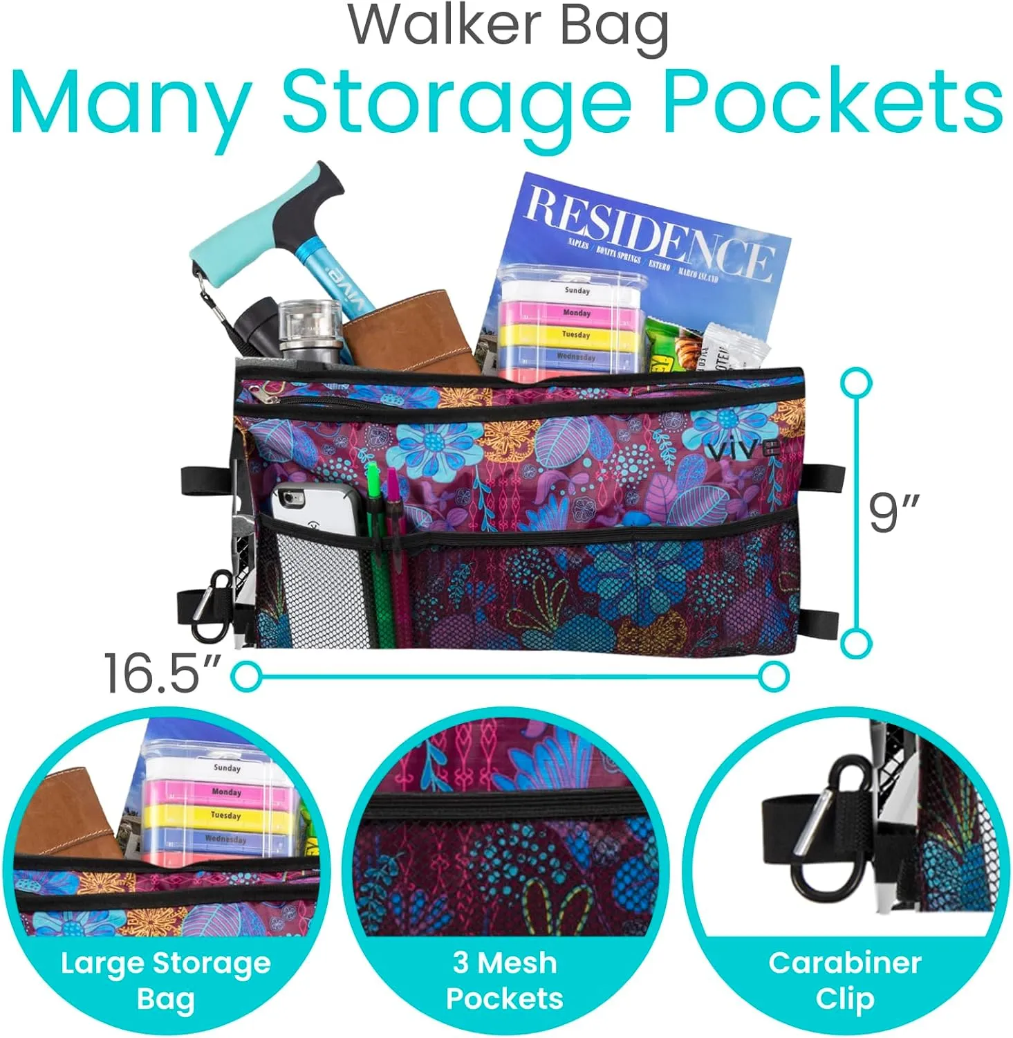 Vive Walker Bag - Accessories Wheelchair Basket Pouch (Water Resistant) - Seniors Caddy Accessory Attachment for Folding, Rolling Walkers - Carry Storage Carrier Tote - Lightweight, Universal Size