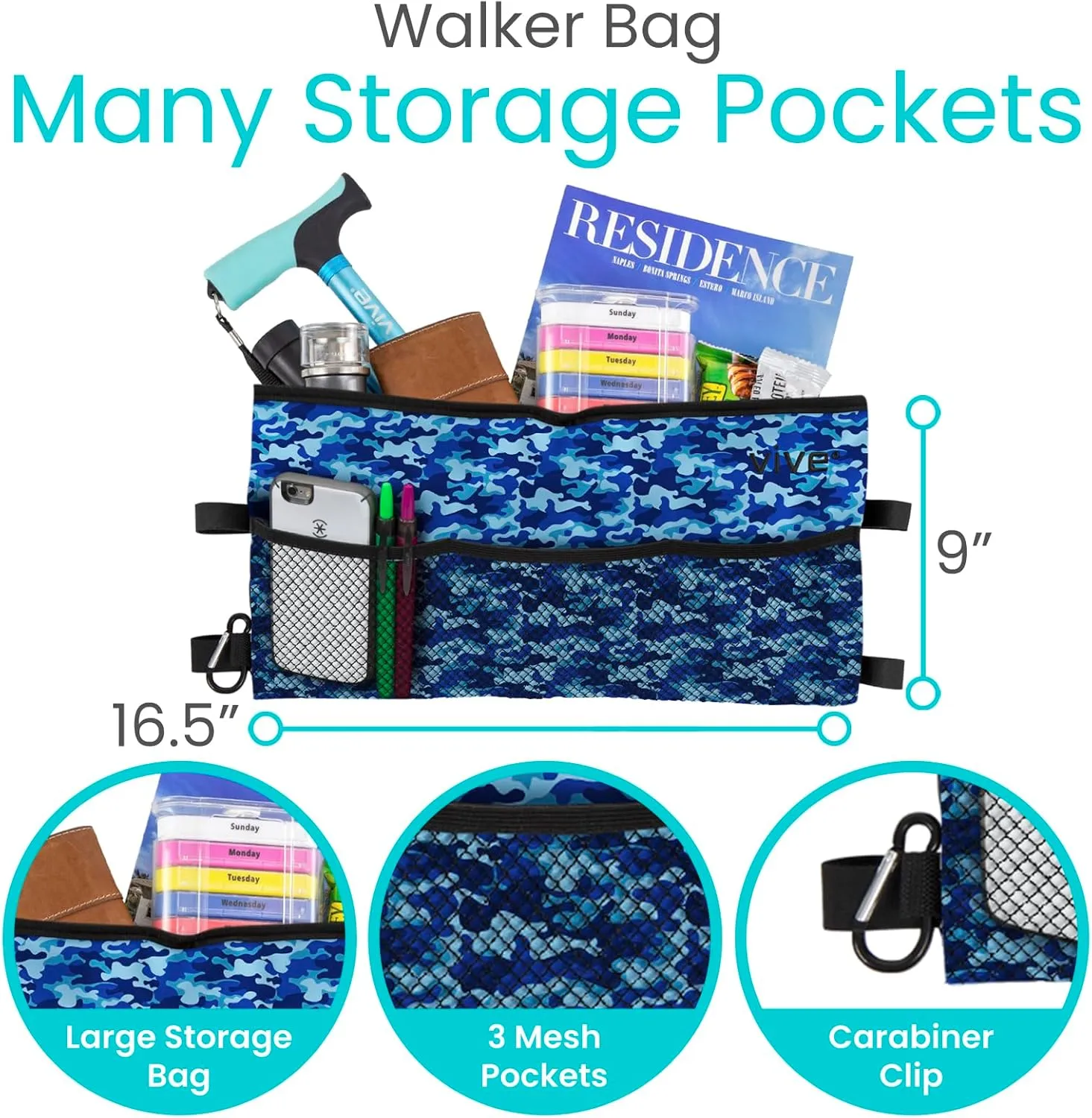 Vive Walker Bag - Accessories Wheelchair Basket Pouch (Water Resistant) - Seniors Caddy Accessory Attachment for Folding, Rolling Walkers - Carry Storage Carrier Tote - Lightweight, Universal Size