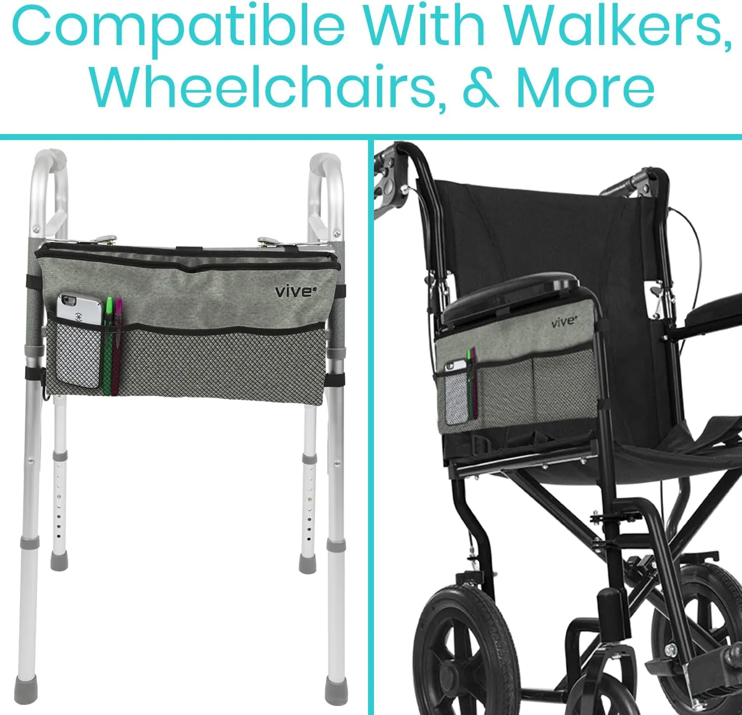Vive Walker Bag - Accessories Wheelchair Basket Pouch (Water Resistant) - Seniors Caddy Accessory Attachment for Folding, Rolling Walkers - Carry Storage Carrier Tote - Lightweight, Universal Size