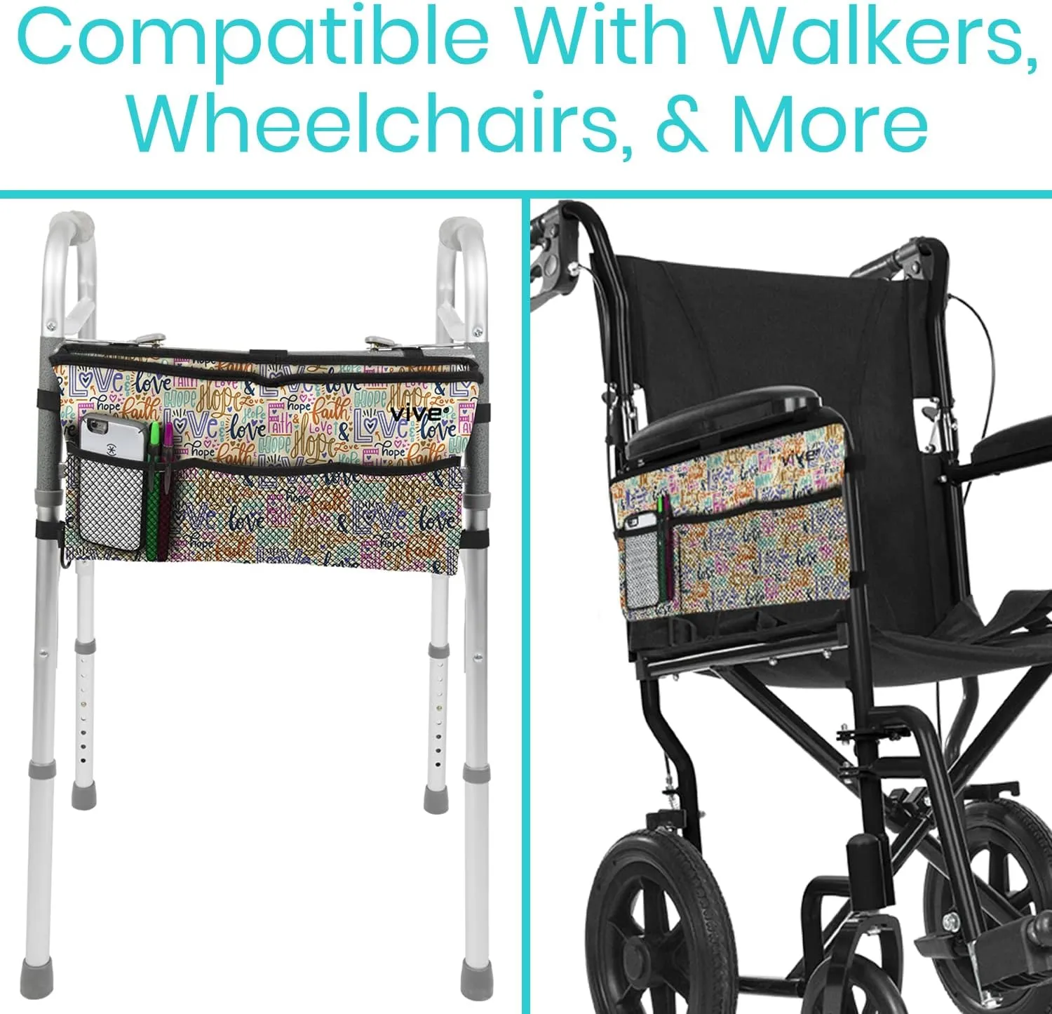Vive Walker Bag - Accessories Wheelchair Basket Pouch (Water Resistant) - Seniors Caddy Accessory Attachment for Folding, Rolling Walkers - Carry Storage Carrier Tote - Lightweight, Universal Size
